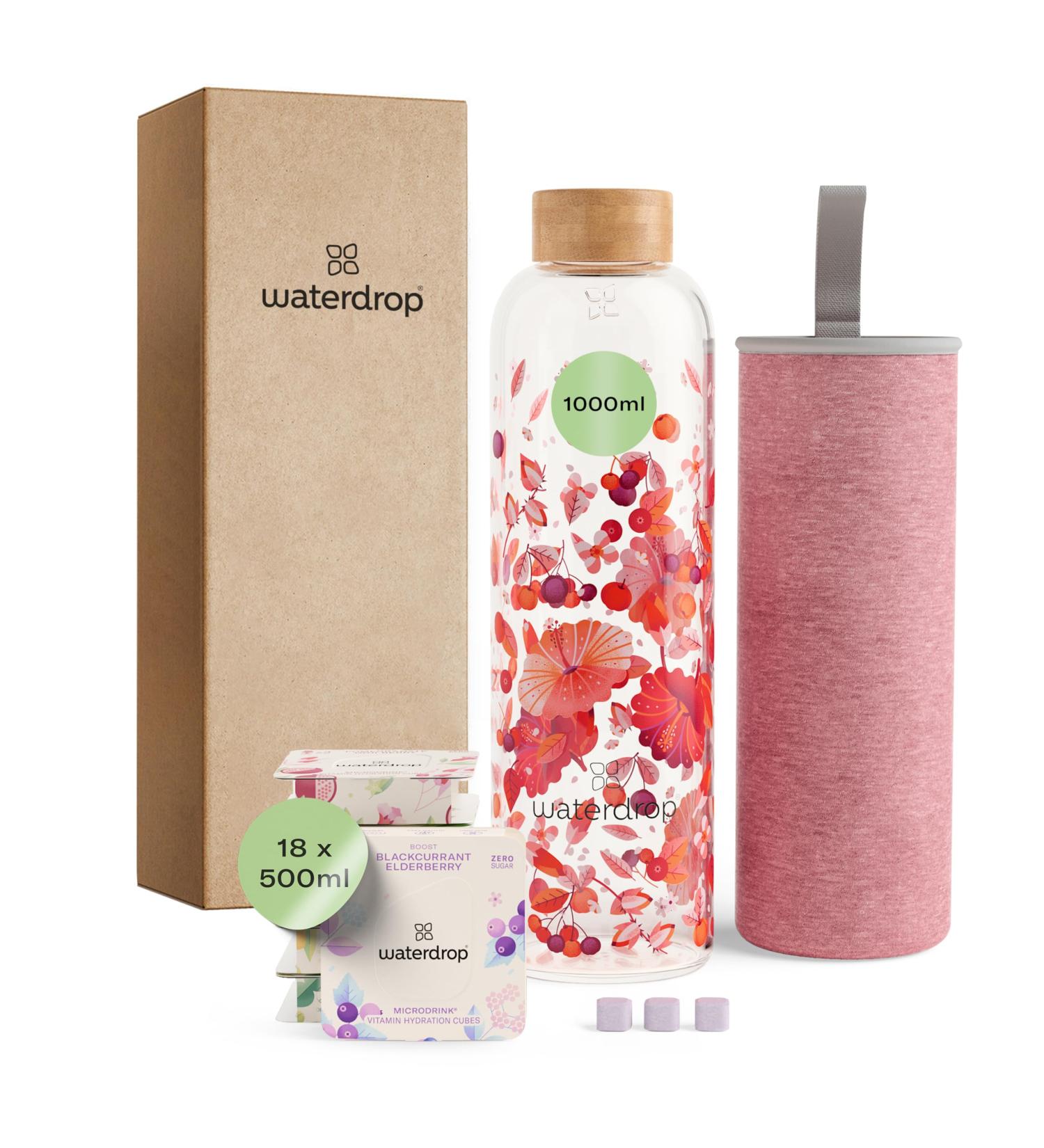 Waterdrop Starter Set Glass - 1L Glass Bottle + 18 Sugar-Free Microdrinks | 6 Fruity Varieties | Perfect for Refreshing Beverages - Buy Online on GoSupps.com