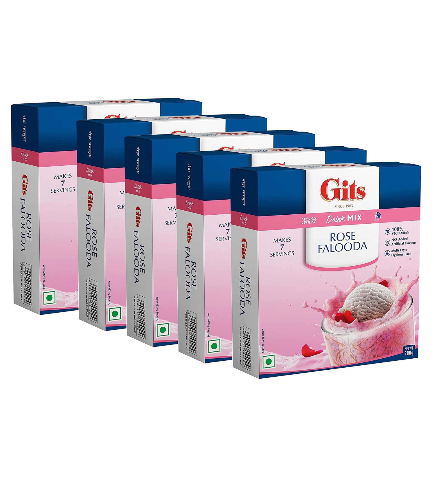 Gits Falooda Mix Rose Drink Mix 200g - Delicious Beverage-Cum-Dessert with Vermicelli Sweet Basil (Sabja Seeds) and Rose Flavour - Ready in 3 Easy Steps Drink Mix Makes 7 Servings (Pack of 5) - Buy Online on GoSupps.com