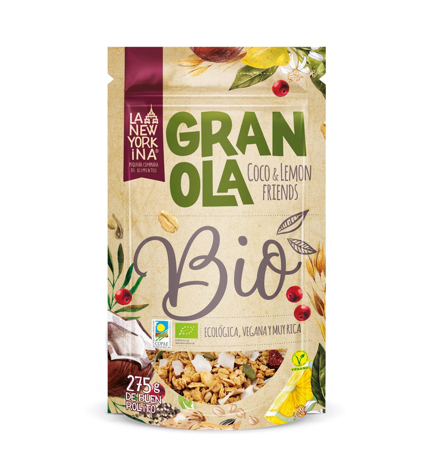 LA NEWYORKINA Organic Coconut and Lemon Granola - 275gr - Cooked with Extra Virgin Olive Oil Coconut and Lemon - Natural Ingredients - 100% Artisanal Production - Buy Online on GoSupps.com