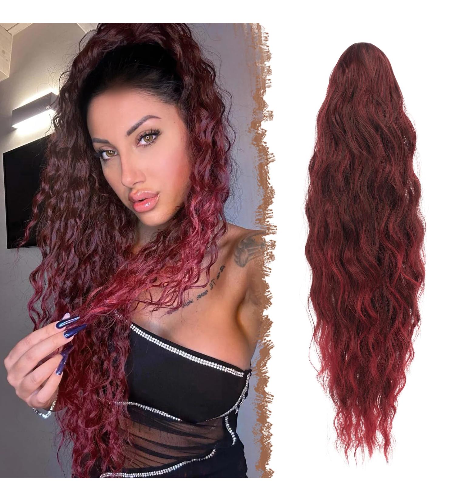 Fine Long Braid Ponytail Hair Extension - Curly Synthetic Clip-In Hair in Black & Burgundy Tips | 65 cm for Women - Buy Online on GoSupps.com