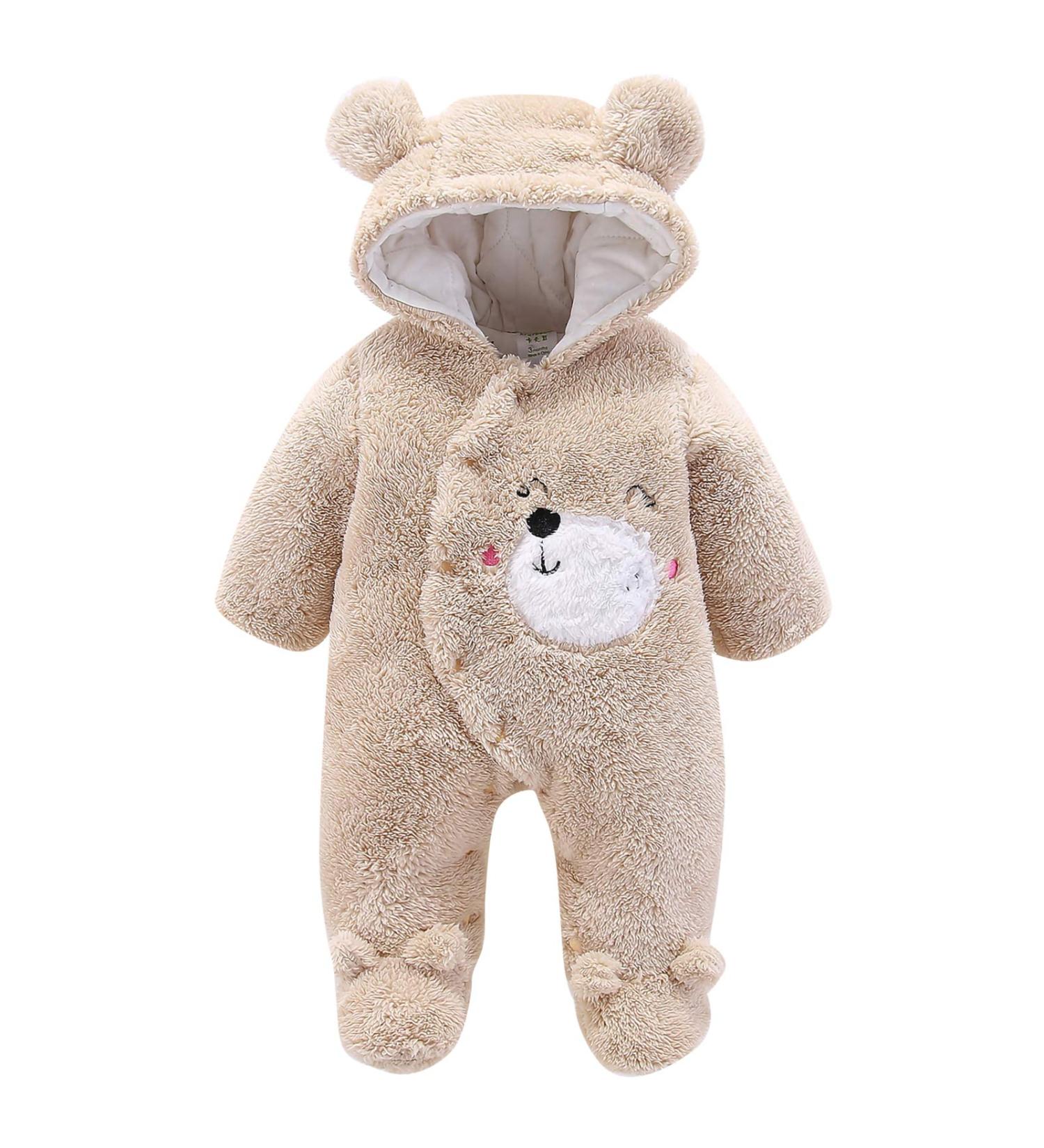 Puseky Newborn Baby Cartoon Bear Snowsuit | Winter Fleece Hooded Romper | Unisex Bodysuit 0-3 Months - Buy Online on GoSupps.com