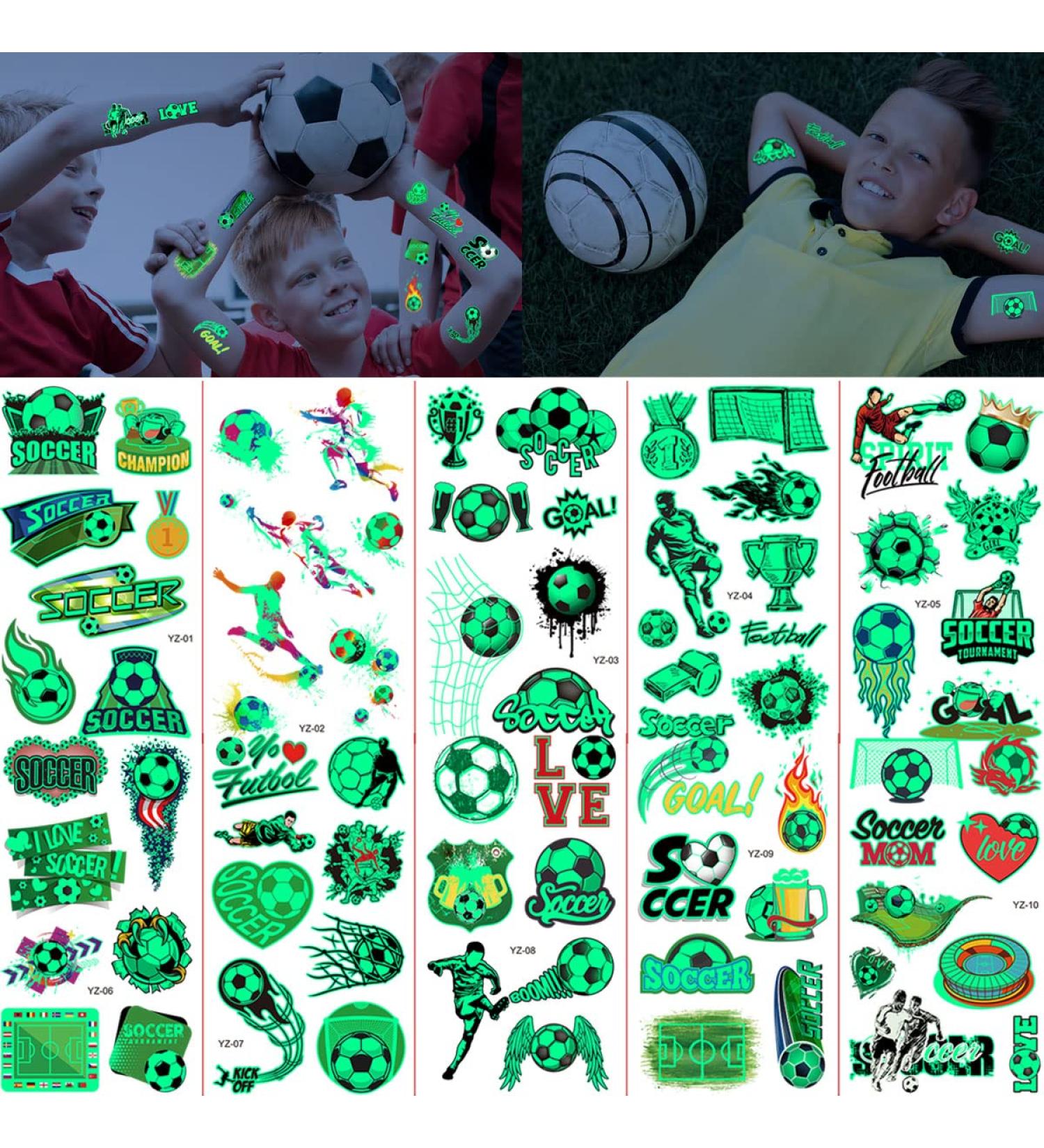 Glow in The Dark Soccer Temporary Tattoos - 10 Sheets | Waterproof Luminous Tattoo Stickers for Boys and Girls | Christmas Party Decoration Supplies - Buy Online on GoSupps.com