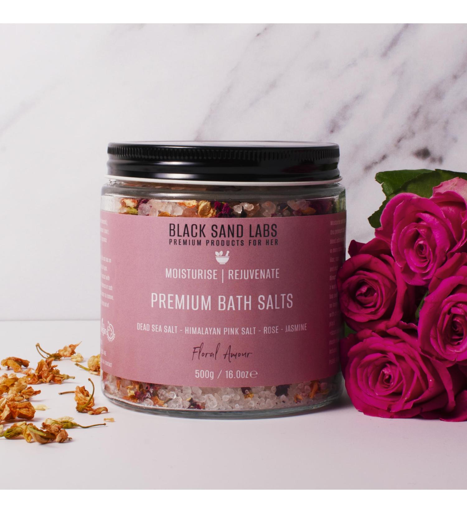Black Sand Labs Floral Amour Premium Bath Salts - Dead Sea & Himalayan Pink Salt Blend with Rose Petals and Jasmine for Skin Rejuvenation - Luxury Bath Salts for Women - Buy Online on GoSupps.com