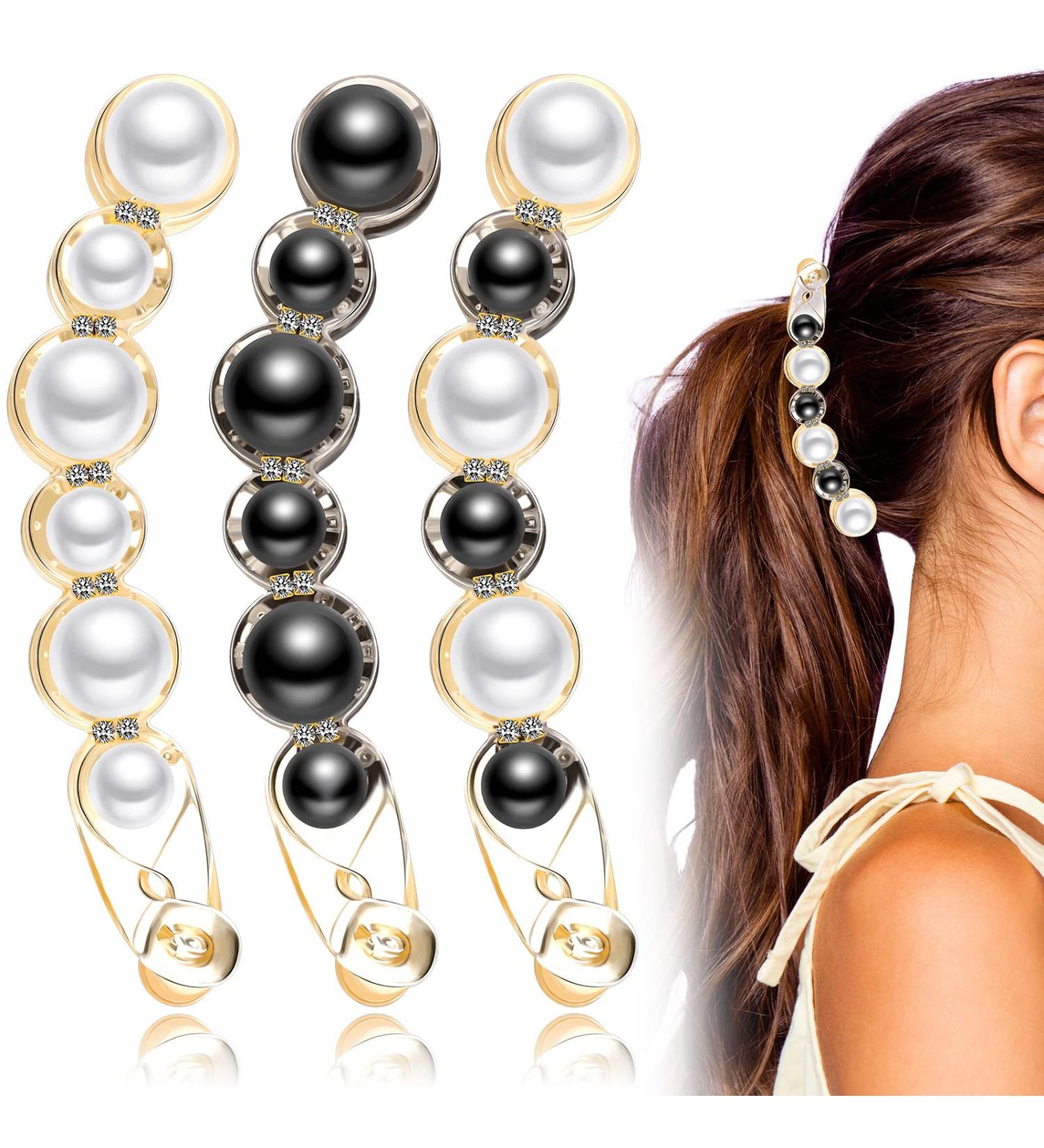 3 Pcs Pearl Banana Hair Barrettes Artificial Pearl Rhinestone Banana Clips Acrylic Banana Hair Clips Elegant Ponytail Hair Barrettes Hair Accessories for Women Girls Thick Fine Hair - Buy Online on GoSupps.com