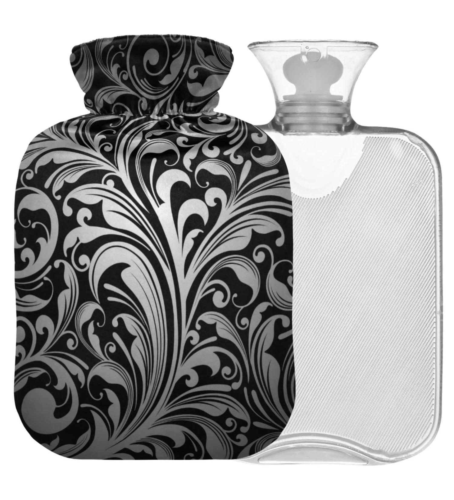 NAANLE 1L Hot Water Bottle with Paisley Flower Cover - Pain Relief & Warmth for Back Hands and Feet | Transparent Black Heat Bottle - Buy Online on GoSupps.com