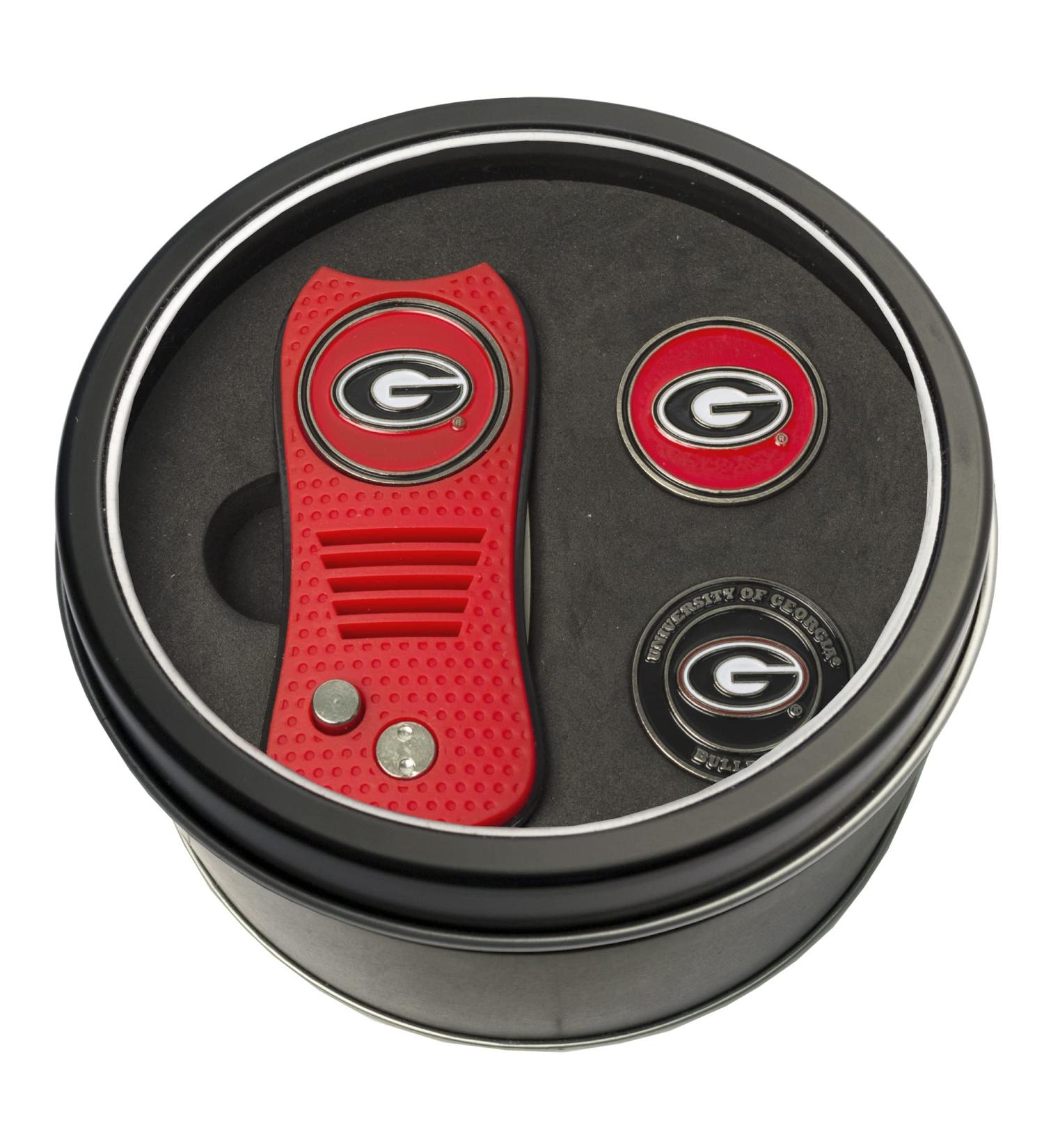 Team Golf NCAA Georgia Bulldogs Gift Set Switchblade Divot Tool with 3 Double-Sided Magnetic Ball Markers, Patented Single Prong Design, Causes Less Damage to Greens, Switchblade Mechanism,Team Color
