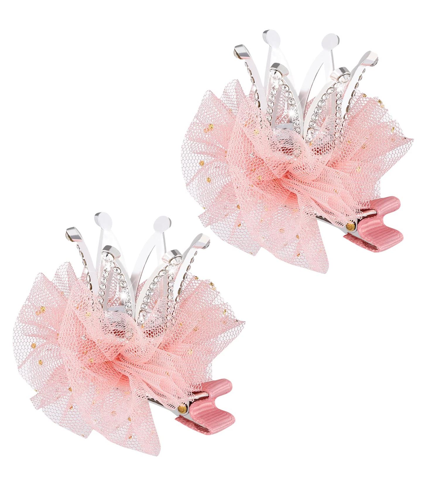Bestoyard 2Pcs Diamond Crown Hair Pin Princess Flower Mesh Hair Clips - Pink Rhinestone Crystal Tiara Barrettes for Kids Party Accessory - Buy Online on GoSupps.com