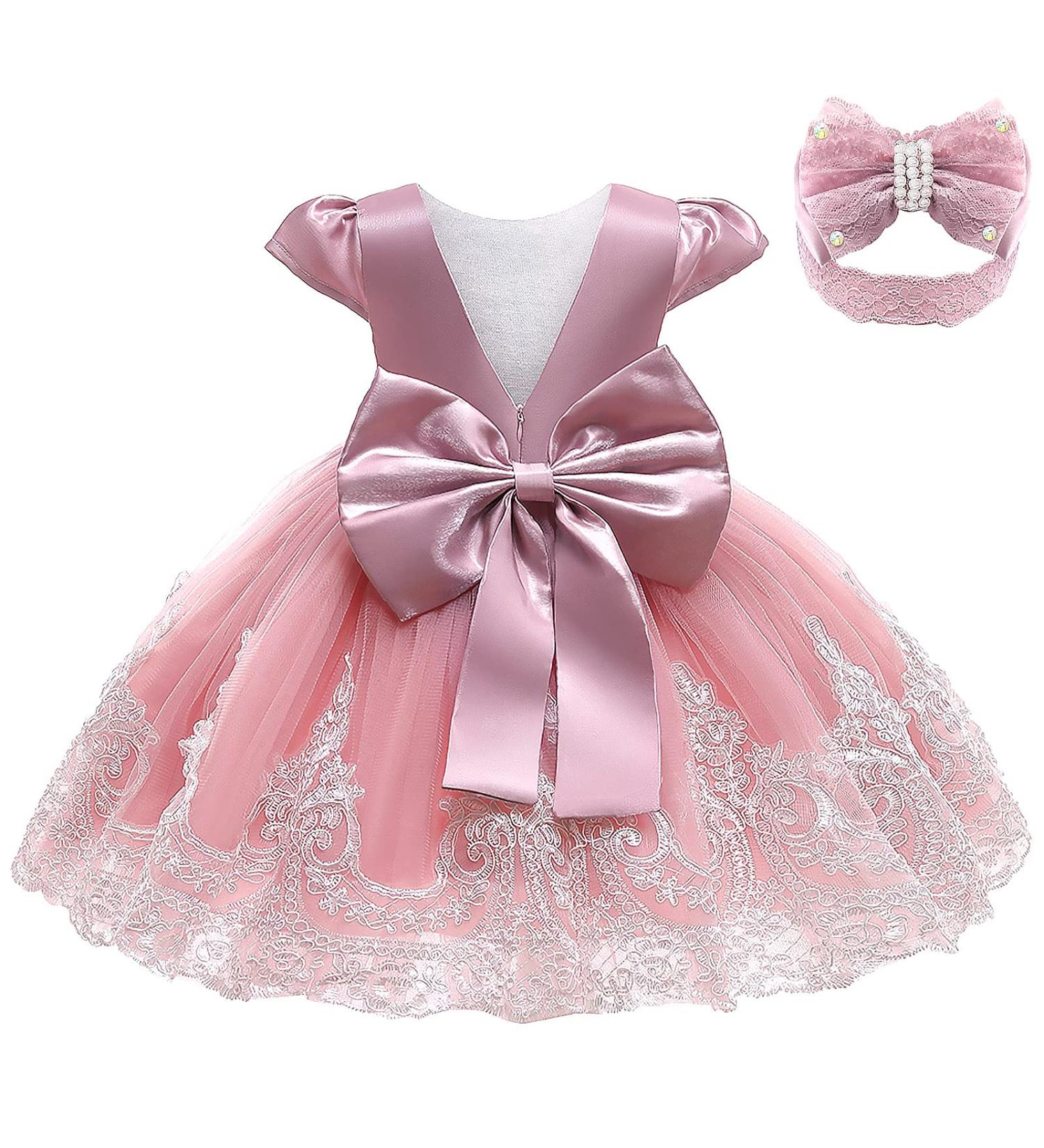 Baby Girls Lace Backless Tulle Princess Dress with Bowknot Headwear - 6-12 Months (Bean Pink) - Buy Online on GoSupps.com