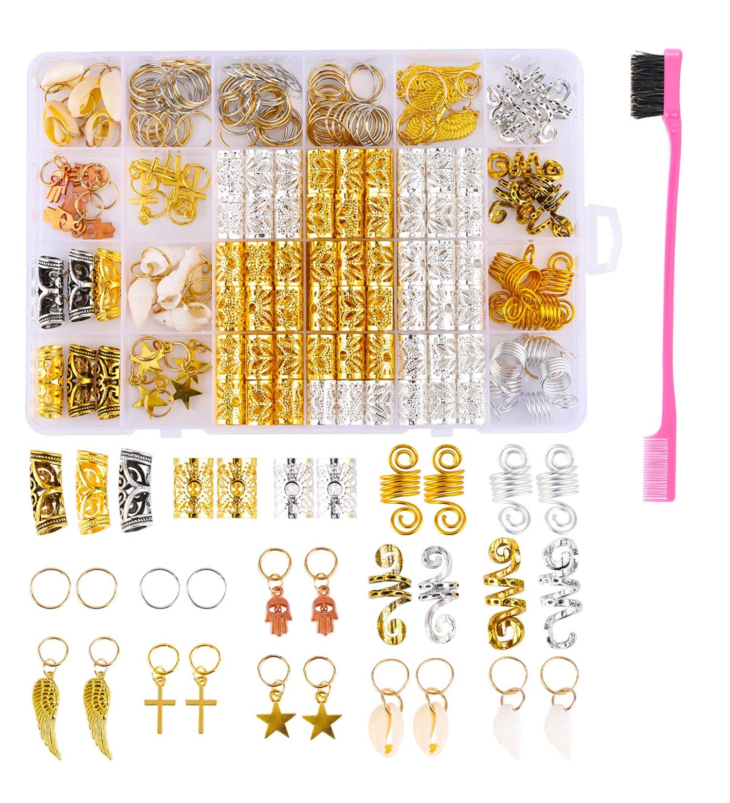 254 Pcs Loc Hair Jewelry for Women | Braids, Dreadlock Accessories with Box | Metal Silver Gold Hair Charms, Beads, Rings, Cuffs Decorations - Buy Online on GoSupps.com