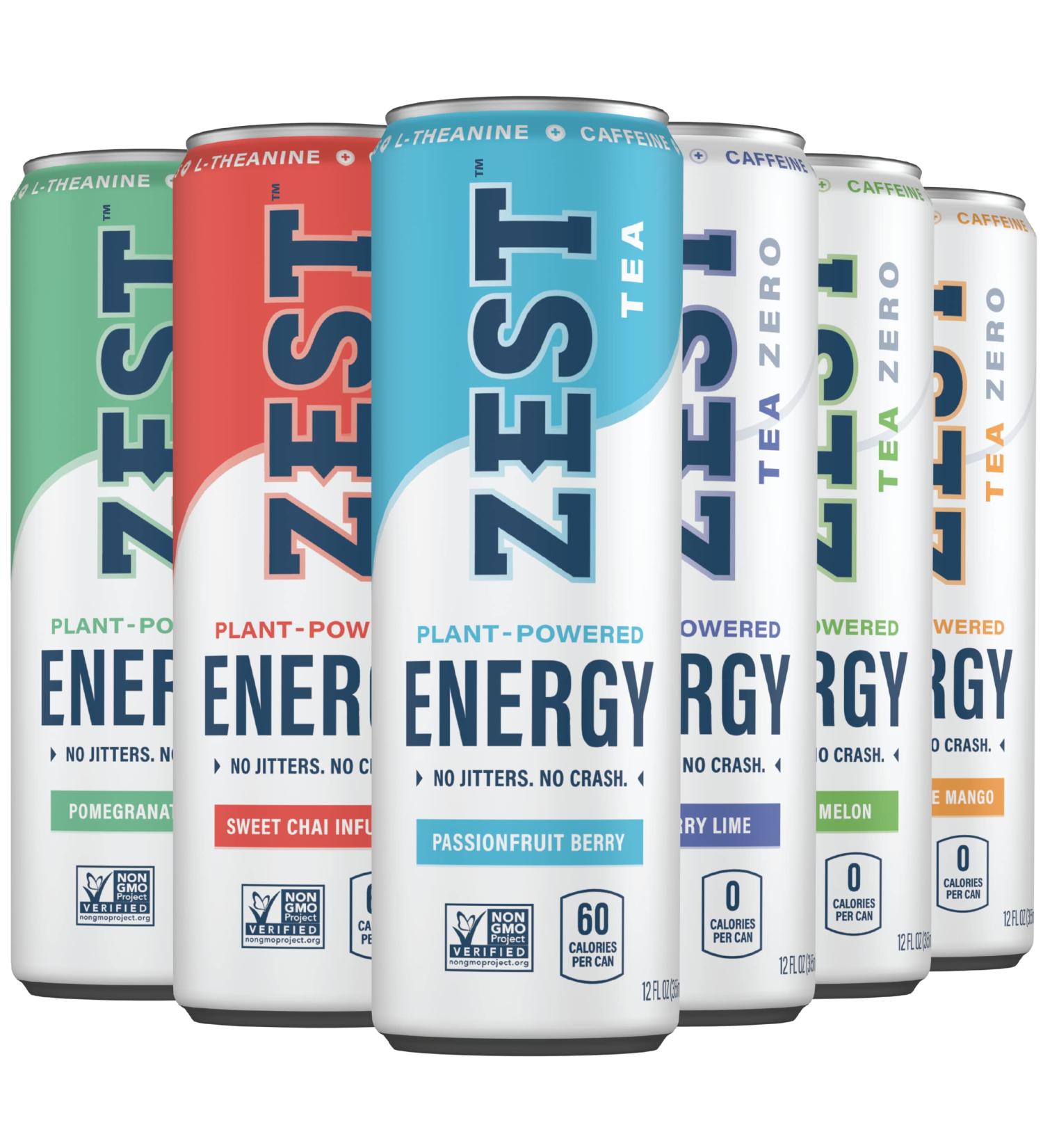 Zest Plant Powered Natural Energy Drink Variety Pack - 150mg Caffeine + 100mg L-Theanine - 12oz Can, 12 Pack - Low Sugar, 60 Calories - Healthy Coffee Substitute - Non GMO Assorted Flavors - Buy Online on GoSupps.com