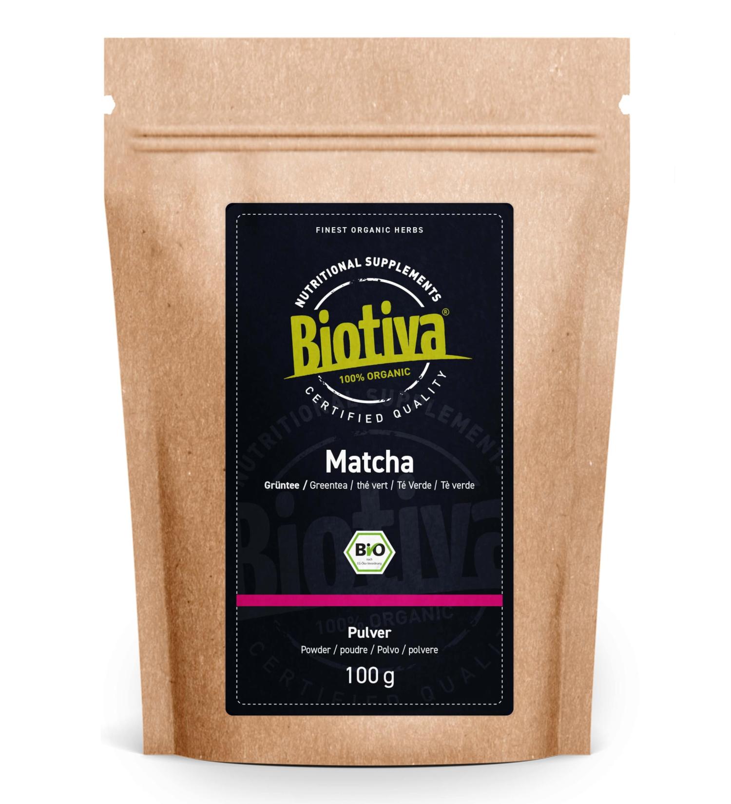 Biotiva Matcha Tea Bio 100g - Organic High-Quality Matcha Powder for Lattes & Smoothies - 100% Sustainable - Bottled in Germany - Buy Online on GoSupps.com