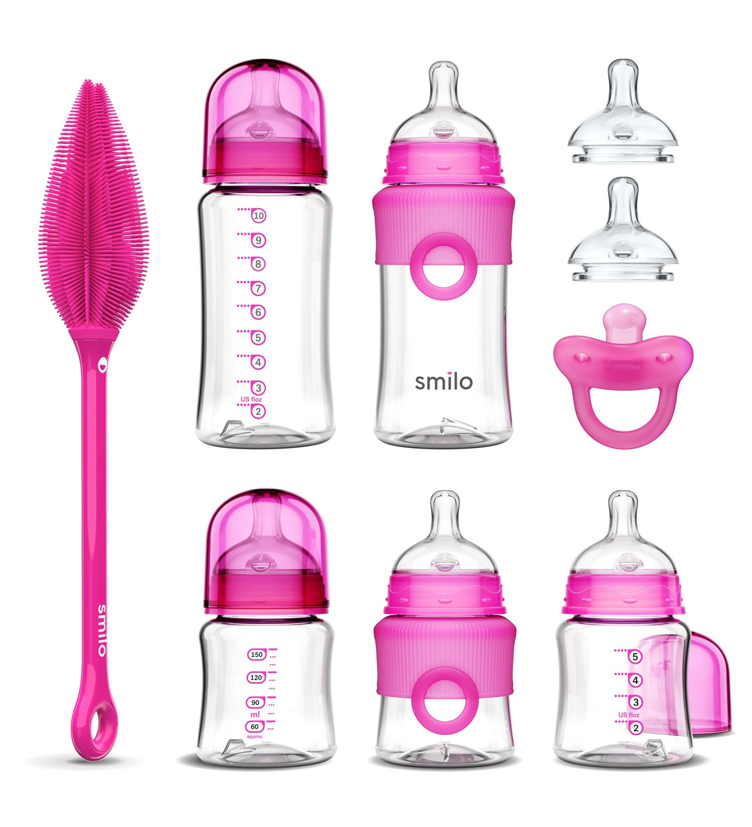 Smilo Baby Bottle Feeding Gift Set - Silicone Pacifier, Nipples, Cleaning Brush - Perfect for Girls & Boys - Pink - Buy Online on GoSupps.com