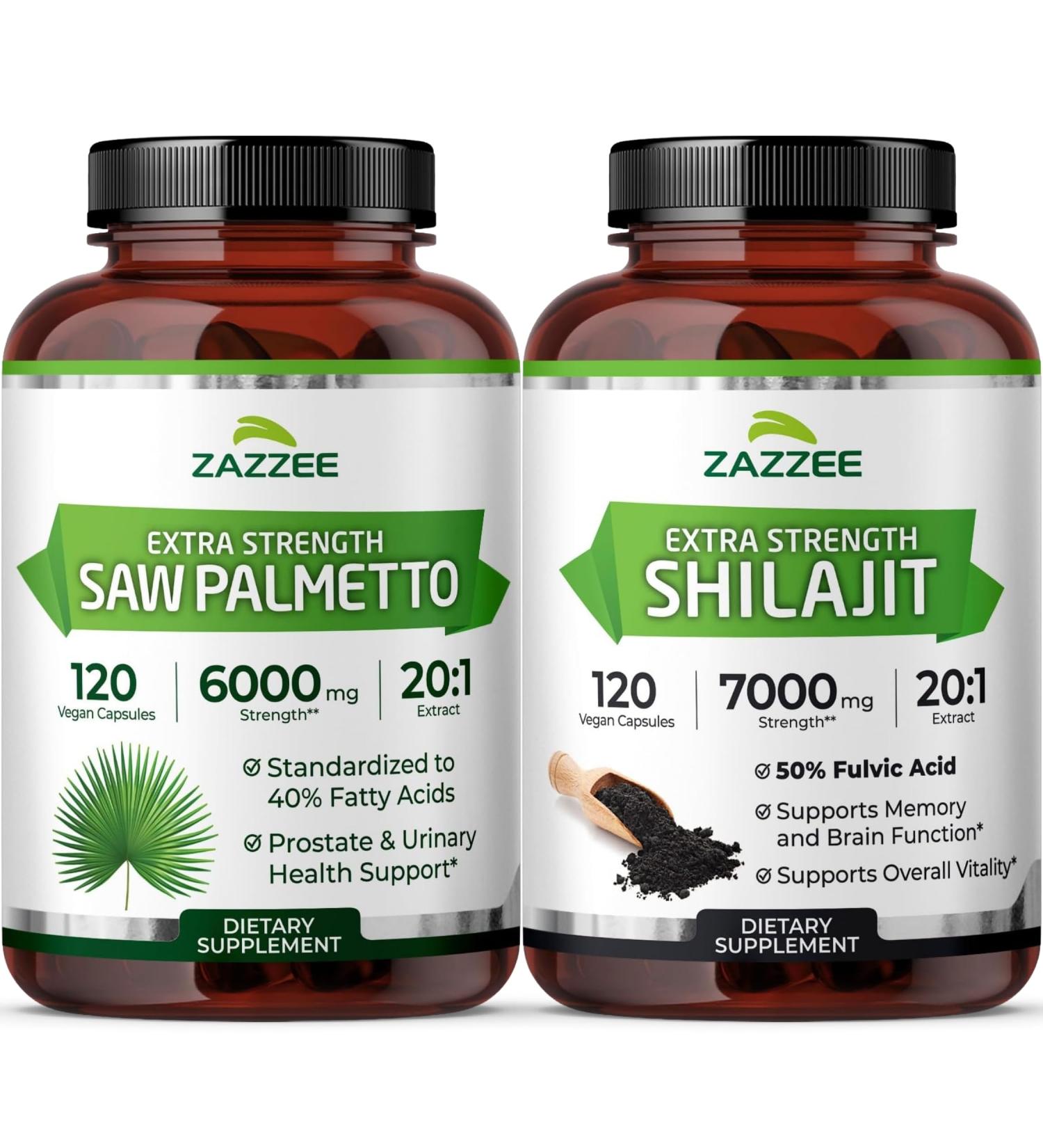 Zazzee Pure Himalayan Shilajit and Saw Palmetto Capsules | 20:1 Saw Palmetto Extract Plus Organic Shilajit for Men | Testosterone Support Bundle - Buy Online on GoSupps.com