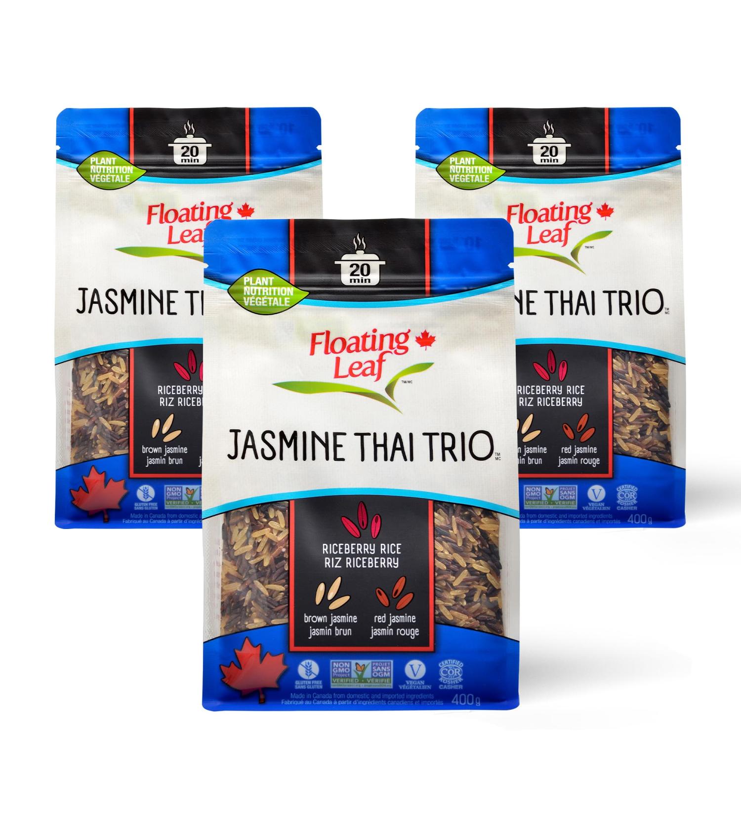 Pack of 3 x 400g Jasmine Thai Trio Riceberry Rice (Jasmine Black Rice) Brown Jasmine Rice and Red Jasmine Rice Non Gluten Non-GMO Kosher and Vegan - Floating Leaf - Buy Online on GoSupps.com