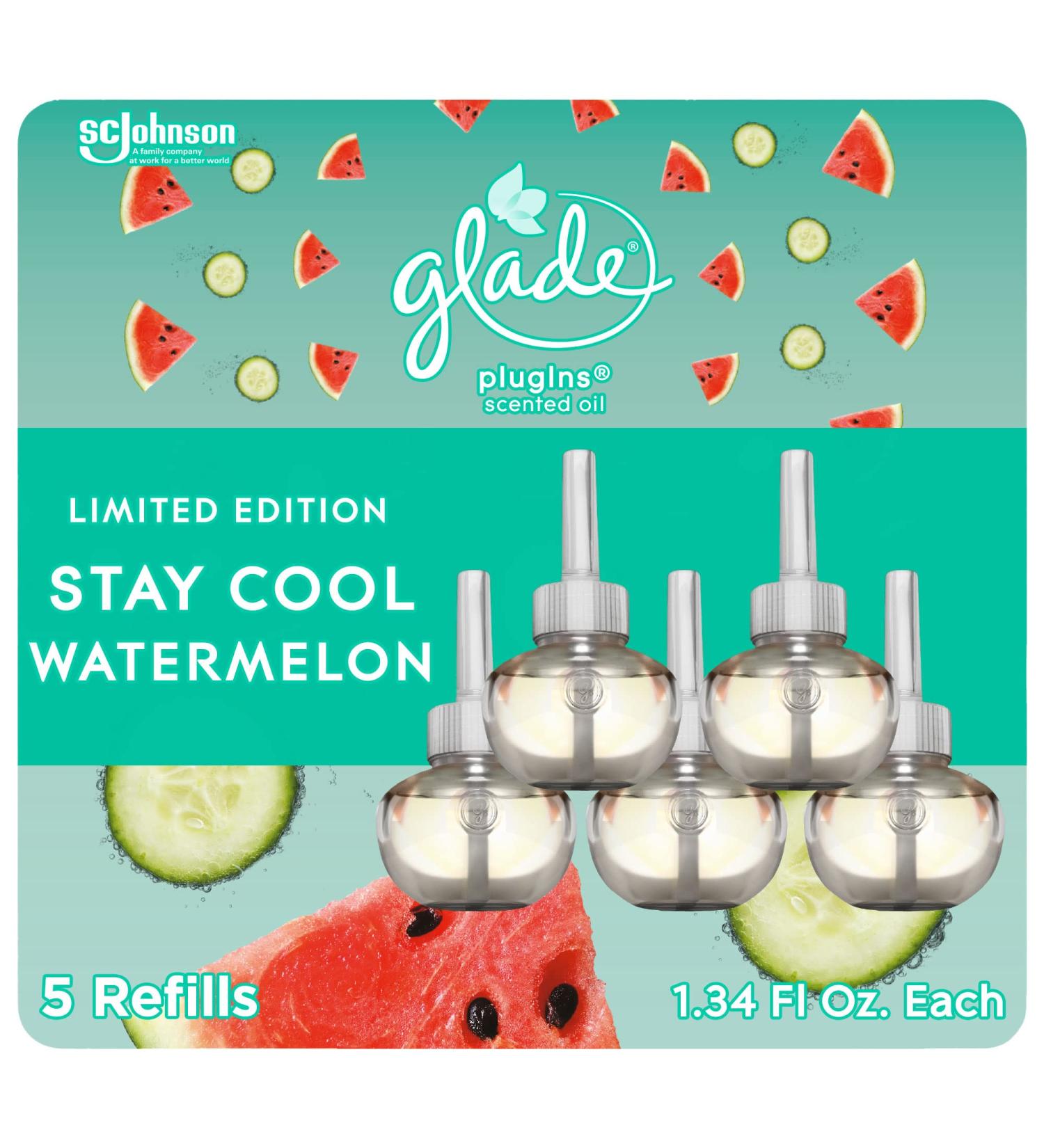Glade PlugIns Refills 5 Count - Stay Cool Watermelon Scented Essential Oils for Home & Bathroom - 3.35 Fl Oz - Buy Online on GoSupps.com
