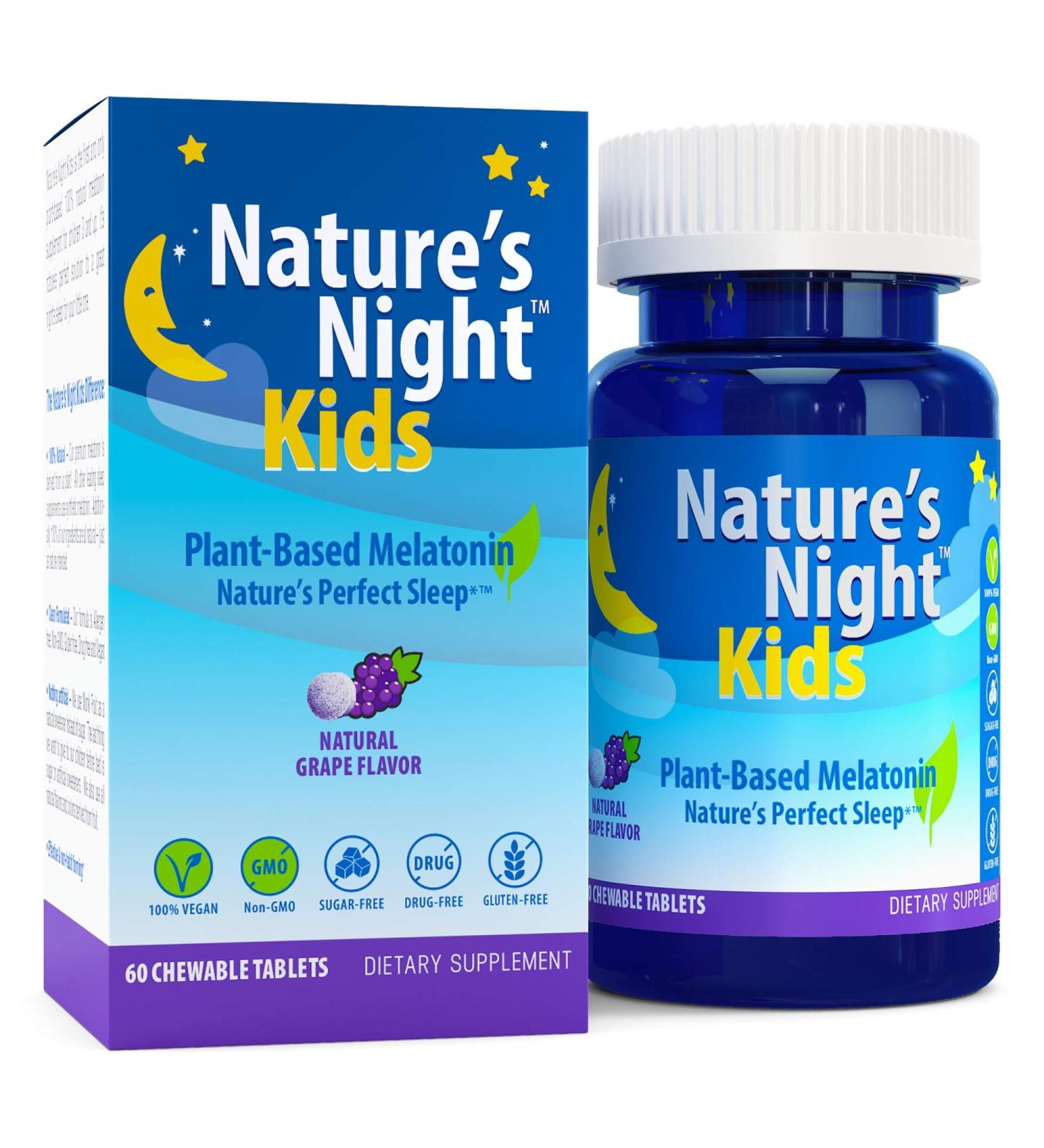 Nature's Night Kids | Plant Based Melatonin 1MG | Natural Grape Flavor | 60 Chewable Tablets | Gluten Free | Non-GMO | Drug Free | Vegan | 100% Natural | - Buy Online on GoSupps.com