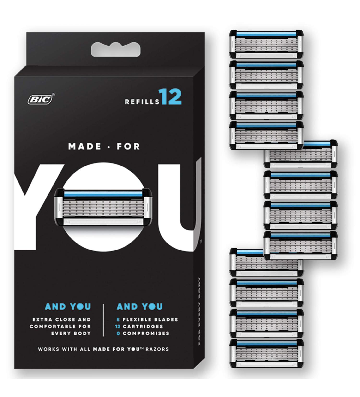 BIC Shaving Razor Blades for Men and Women - 12 Count Refill Cartridges with 5 Blades, Aloe Vera and Vitamin E for Smooth Shave - Silver Black - Buy Online on GoSupps.com