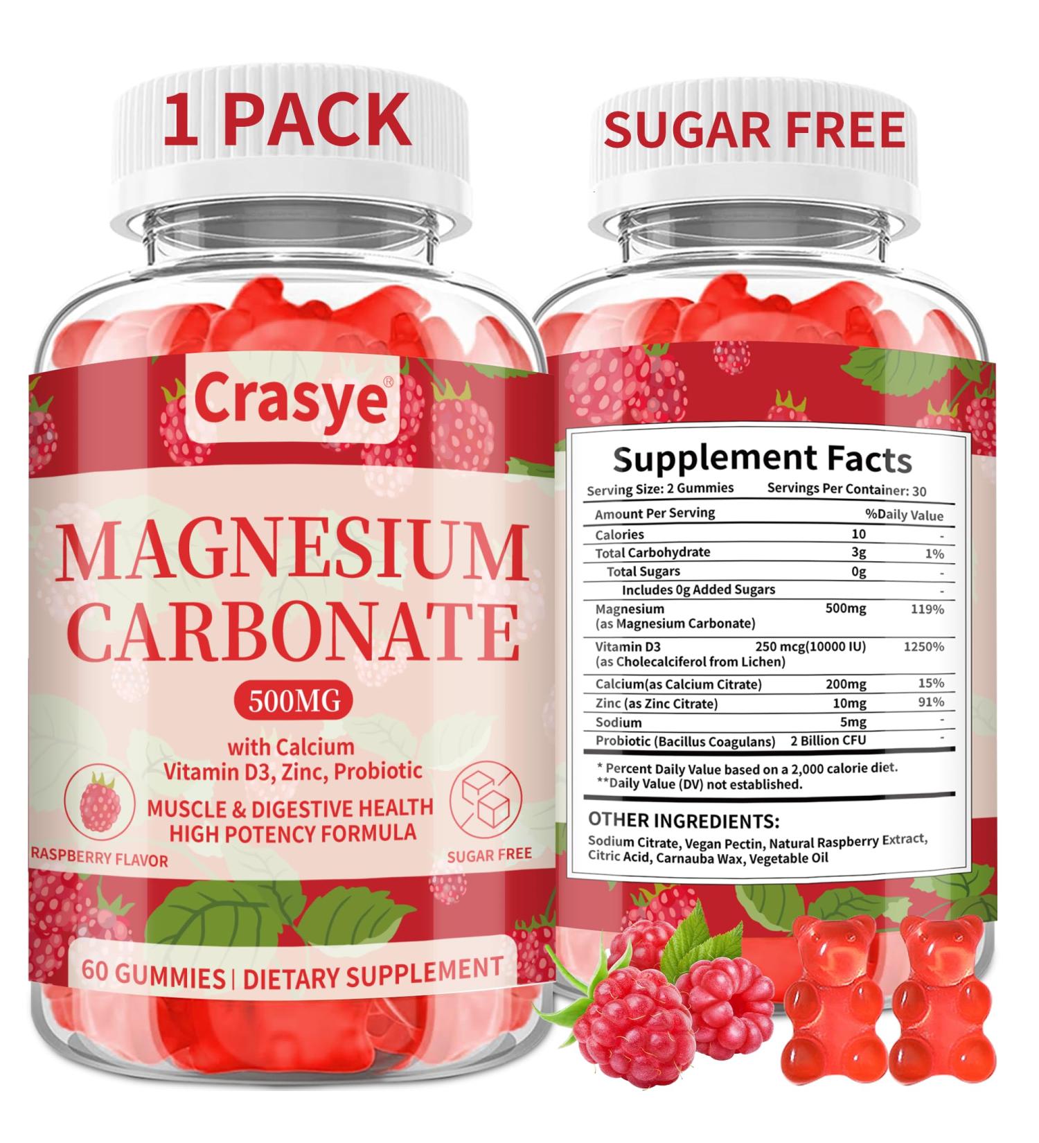 Magnesium Carbonate 500mg Gummies Sugar Free Magnesium Carbonate Supplement with Probiotic Calcium Vitamin D3 Zinc for Bone Muscle & Digestive Support Raspberry Flavor - 60 Gummies - 30 Servings - Buy Online on GoSupps.com
