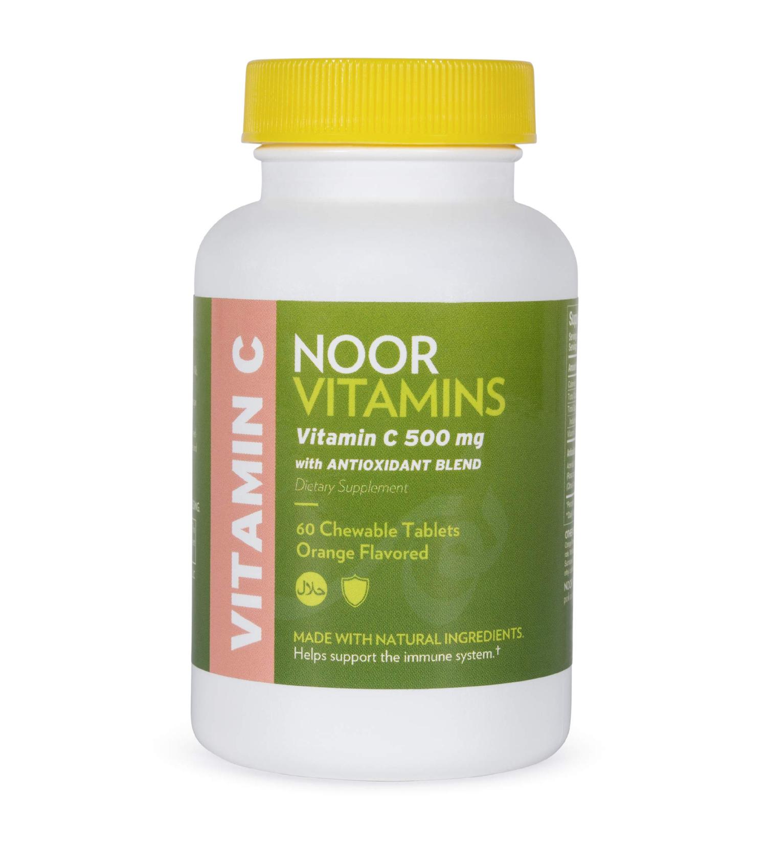 Noor Vitamins 500 MG Halal Vitamin C Chewable Tablets with Rose Hips | Immune Support | Vegan, Gluten-Free, Halal | 60 Orange Flavored Tablets | 2 Month Supply - Buy Online on GoSupps.com