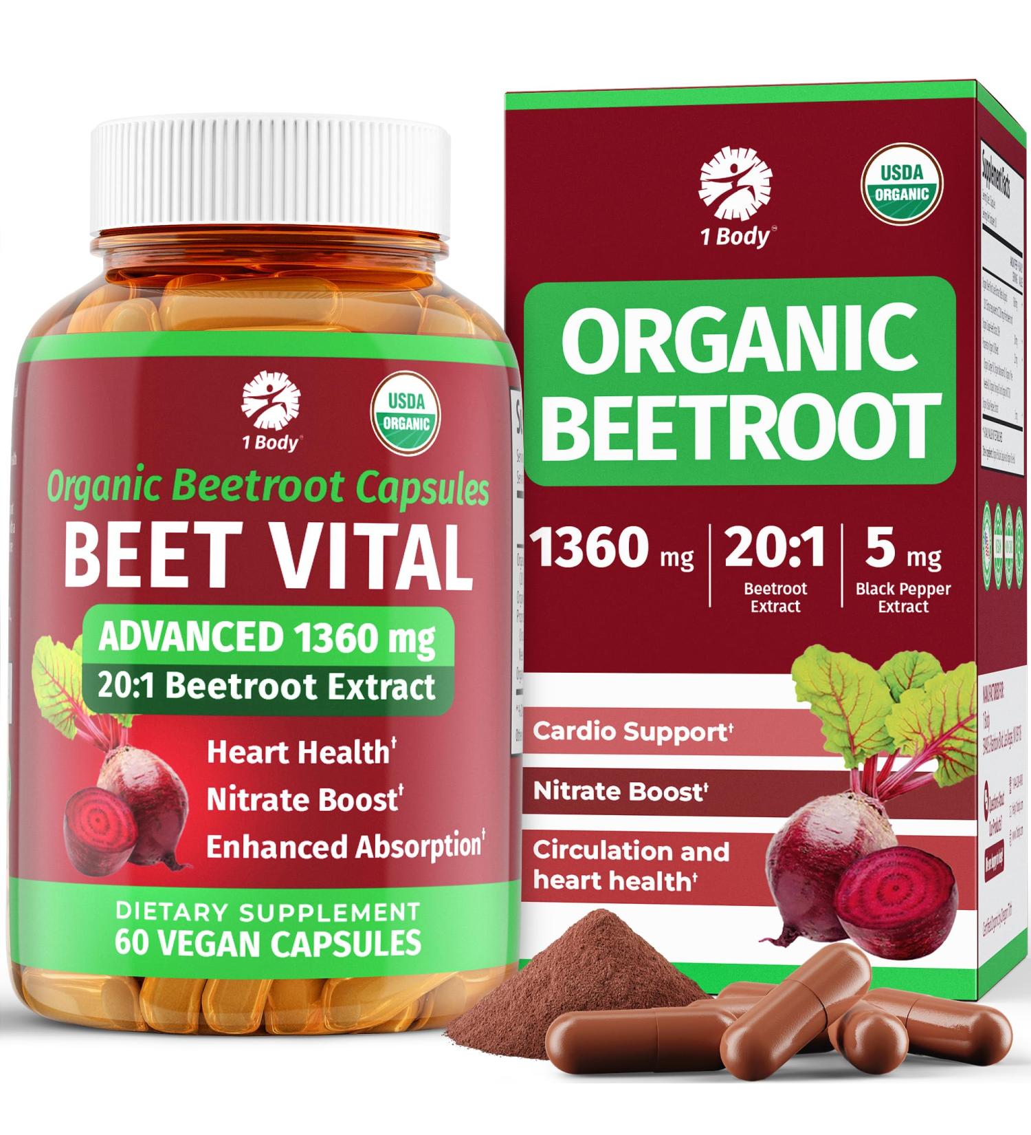 1 Body Beet Vital Organic Beetroot Capsules for Circulation Energy & Stamina Nitric Oxide Booster Beets Supplements with 1360mg Beetroot Extract Vegan Non-GMO - Beet Root Supplements 60 Count - Buy Online on GoSupps.com