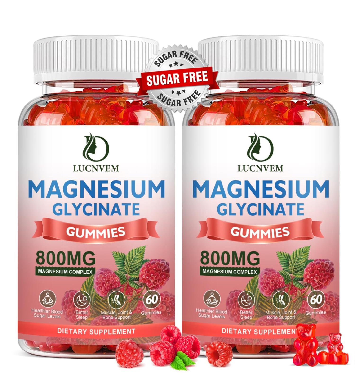 (2 Pack Sugar Free Magnesium Glycinate Gummies 500mg Magnesium Glycinate with 200mg Magnesium Malate Taurate Oxide COQ10 Vitamin B6 and D3 Sleep & Calm Support 120 Raspberry Gummies 60 Count (Pack of 2)