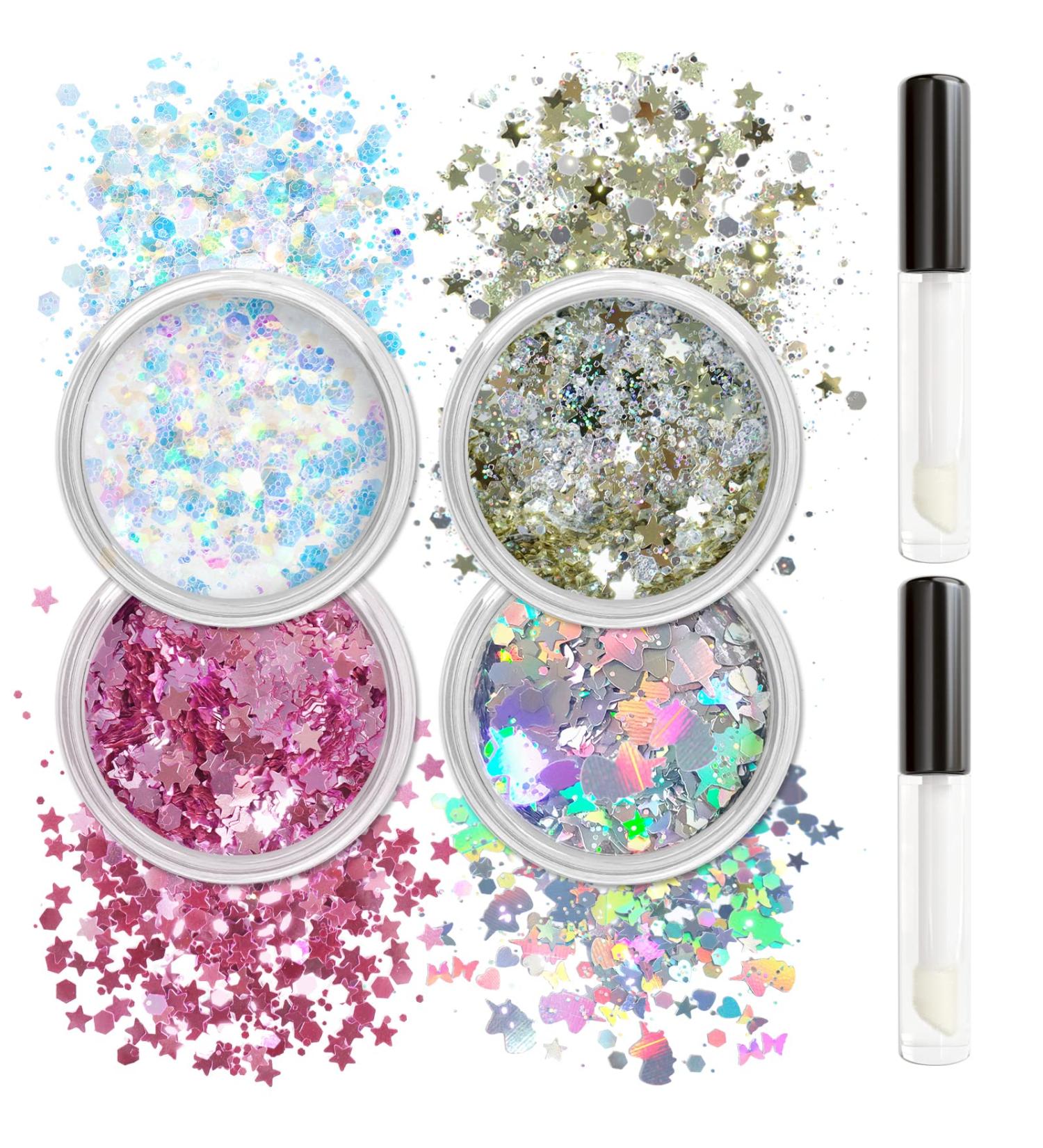Allstarry Holographic Chunky Body Glitter Set - 4 Colors for Face, Hair, and Nails | Festival, Unicorn, Rave Accessories with Body Glue - Sparkle and Shine! - Buy Online on GoSupps.com