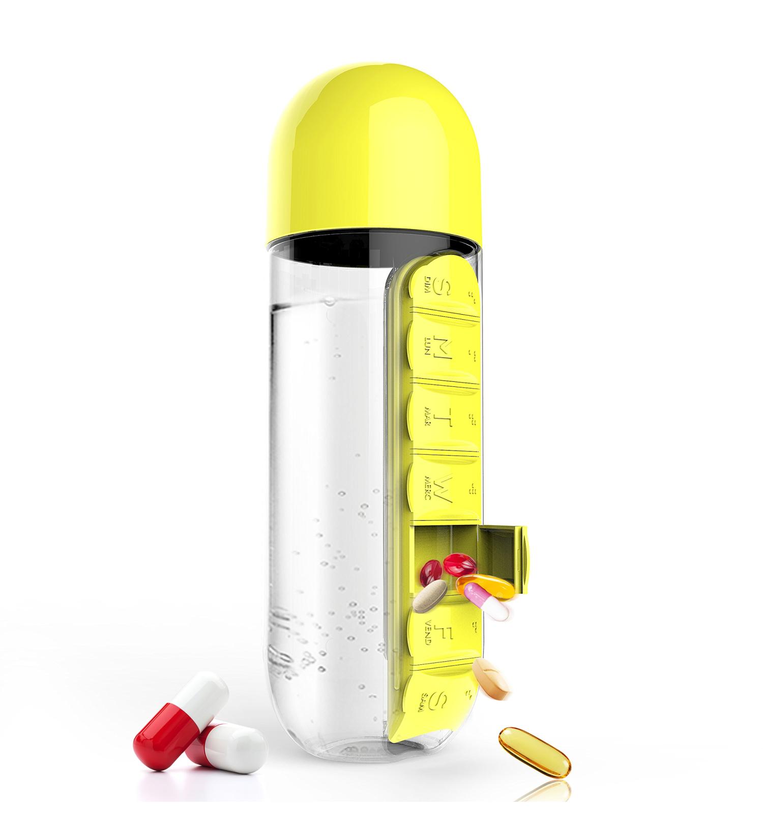 Asobu Combine Daily Pill Box Organizer with Water Bottle - 20 oz Black & Yellow | Perfect for Travel & Daily Use - Buy Online on GoSupps.com