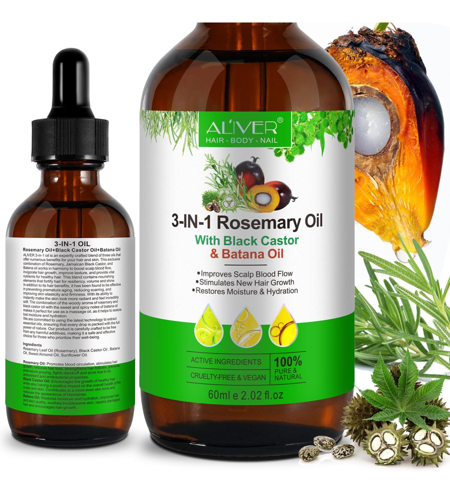 Batana Oil & Rosemary Essential Oil & Black Castor Oil 3In1 Hair Growth Oil For Hair Growth Stimulates New Hair Growth Restores Moisture & Hydration Volume And Shine 60Ml - Buy Online on GoSupps.com