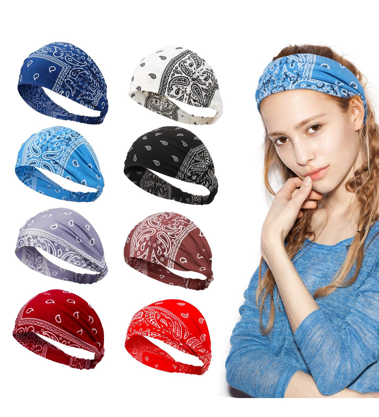 8-Piece Boho Bandana Headbands Set | Paisley Print | Stretchy Yoga Headwraps for Women and Girls - Buy Online on GoSupps.com