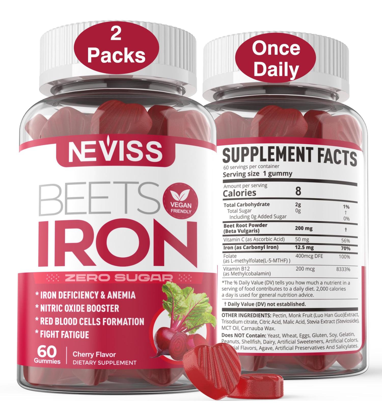 Beet Root Gummies with Iron, Methyl B12, Folate, Vitamin C - Increase Nitric Oxide & Iron Levels, Energy Support, Fight Fatigue, Beetroot & Gentle Iron Supplement, Sugar Free, 120 Count 60 Count (Pack of 2) - Buy Online on GoSupps.com