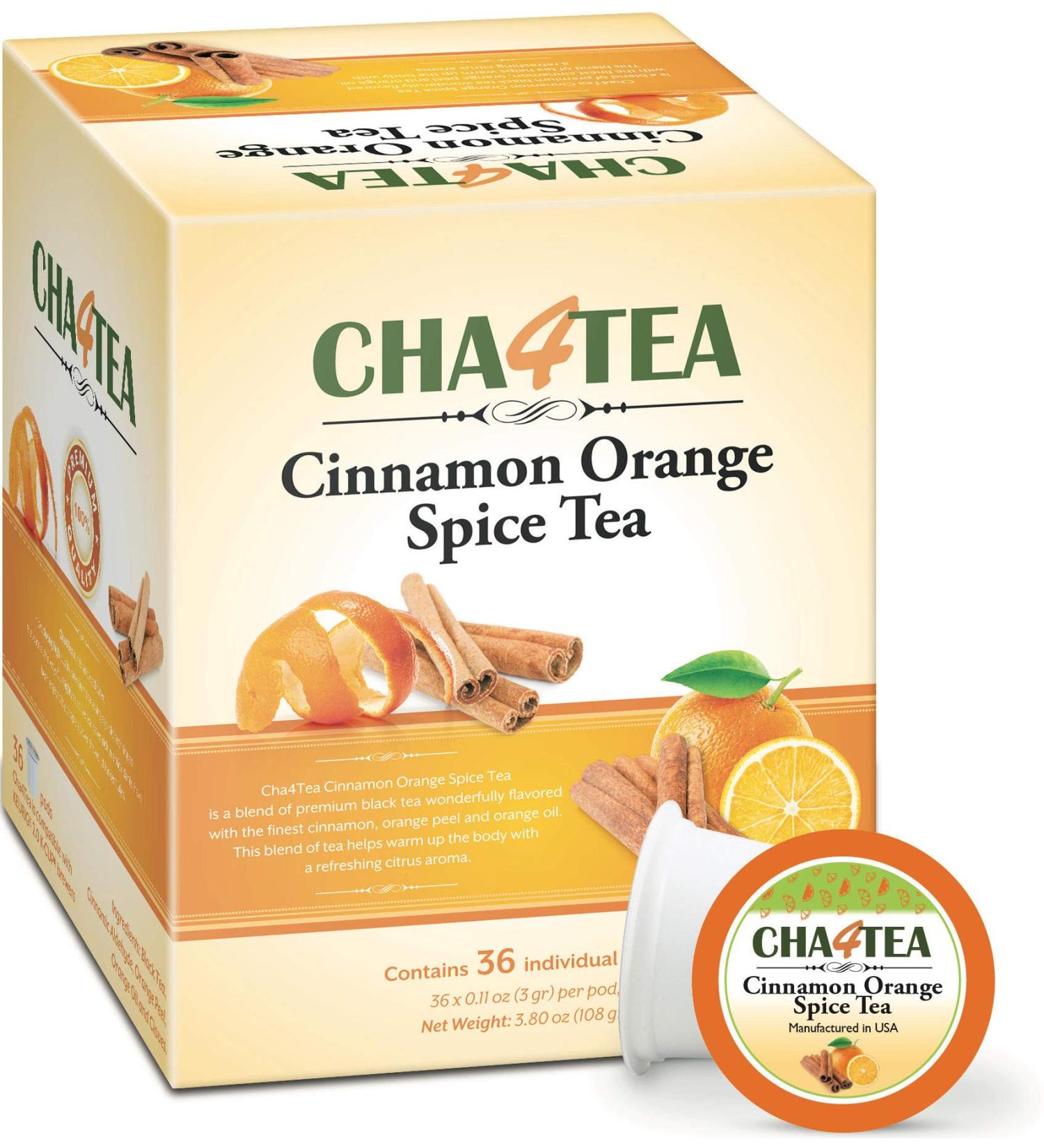 Cha4Tea 36-Count Cinnamon Orange Spice Herbal Black Tea Pods for Keurig K-Cup Brewers