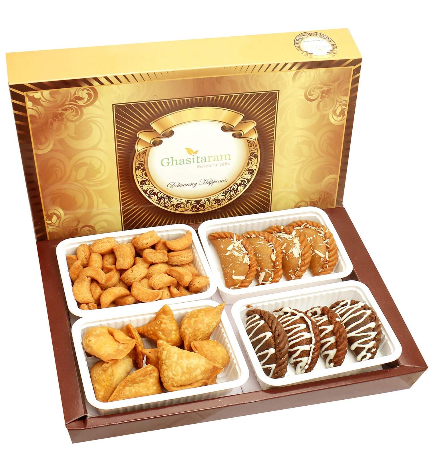Ghasitaram Gifts Holi Sweets Holi Gifts Holi Hamper Big Box of Gujiya Chocolate Gujiya Mini Namkeen Gujiyas and Farsan Samosas - Buy Online on GoSupps.com