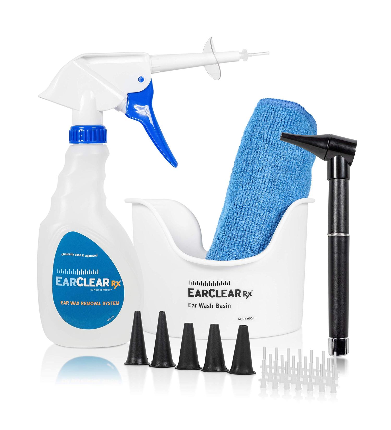 Nuance Medical EarClear Rx Ear Washing Kit - Rigid Tips with Otoscope Penlight, Basin, 20 Disposable Tips & Microfiber Towel - Buy Online on GoSupps.com