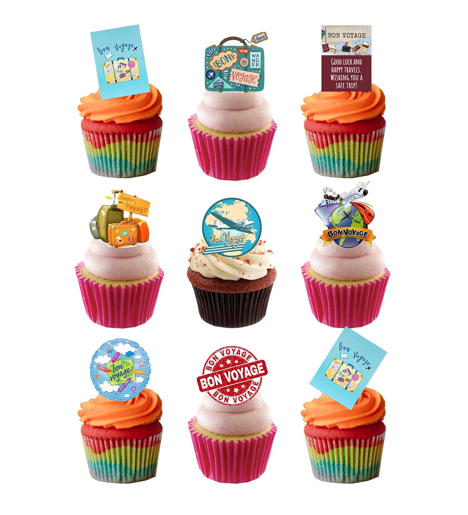 24 Stand Up Bon Voyage Travel Adventure Themed Edible Wafer paper Cake Toppers Decorations