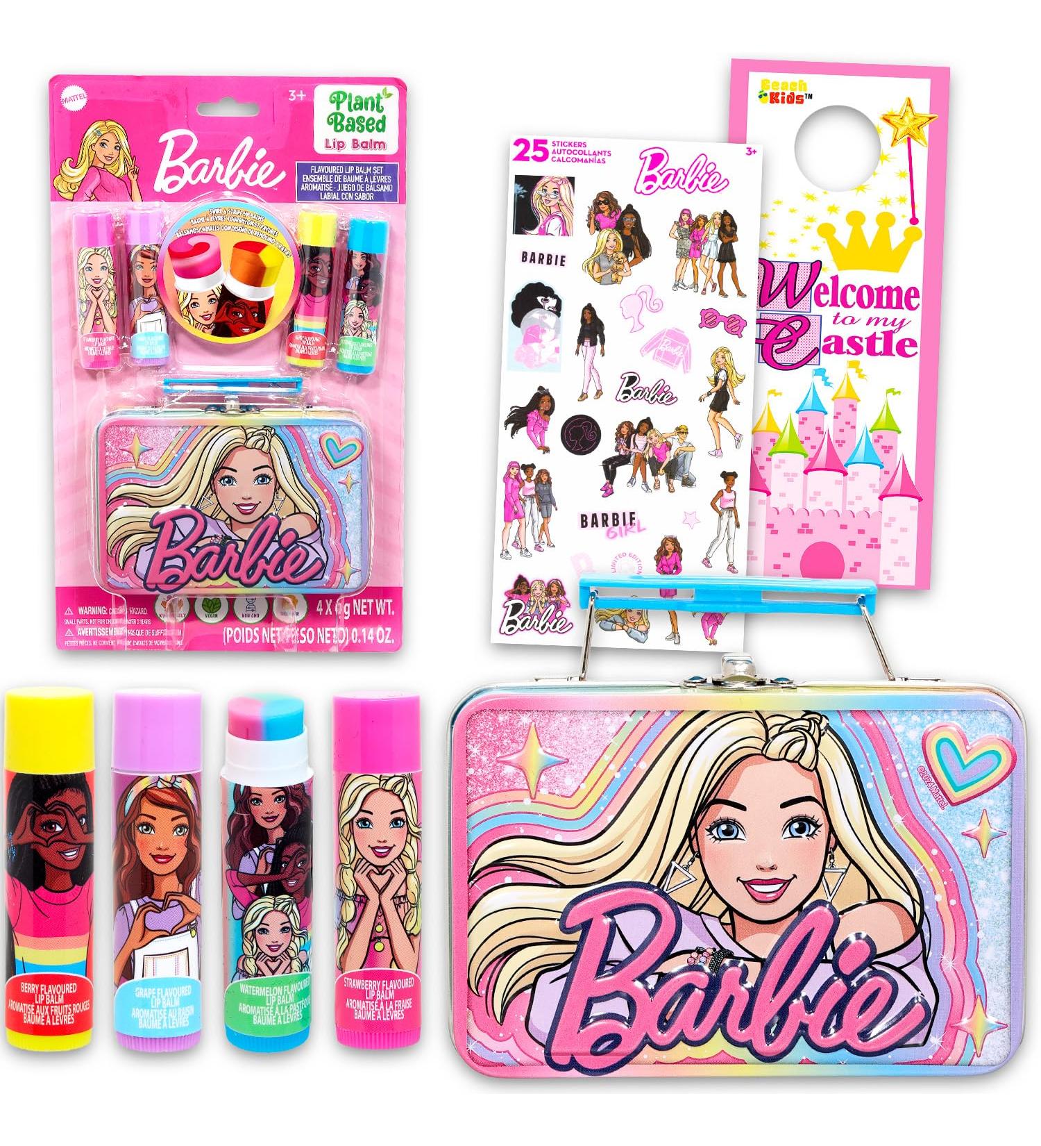Barbie Lip Balm Set - Bundle with 4 Moisturizers with Swirl Flavors Carrying Tin Stickers and More | Barbie Lip Balm Kit for Kids - Buy Online on GoSupps.com