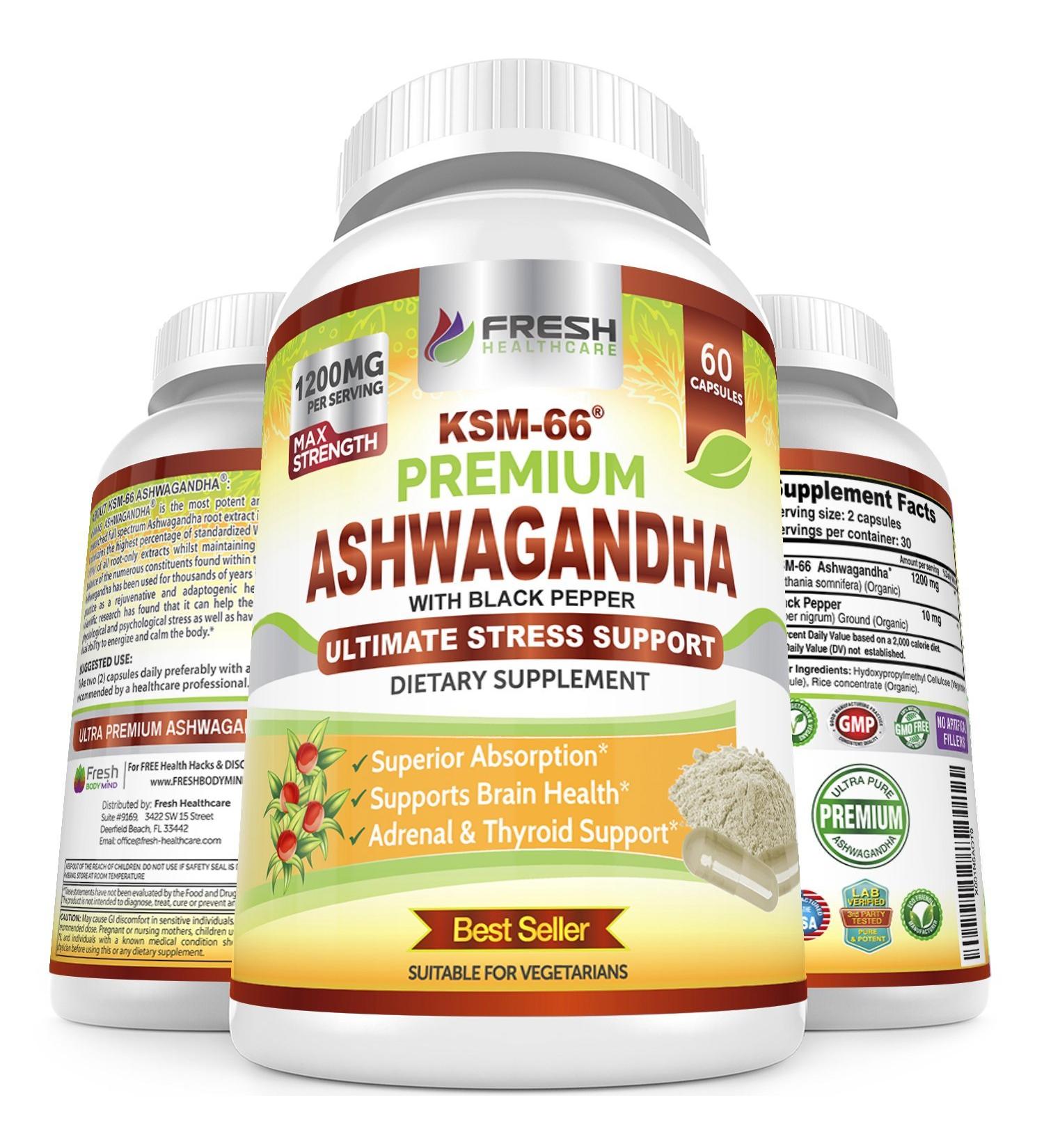 Ashwagandha KSM-66 1200mg Supplement with Black Pepper for High Absorption - Vegan - 60 Capsules - Buy Online on GoSupps.com