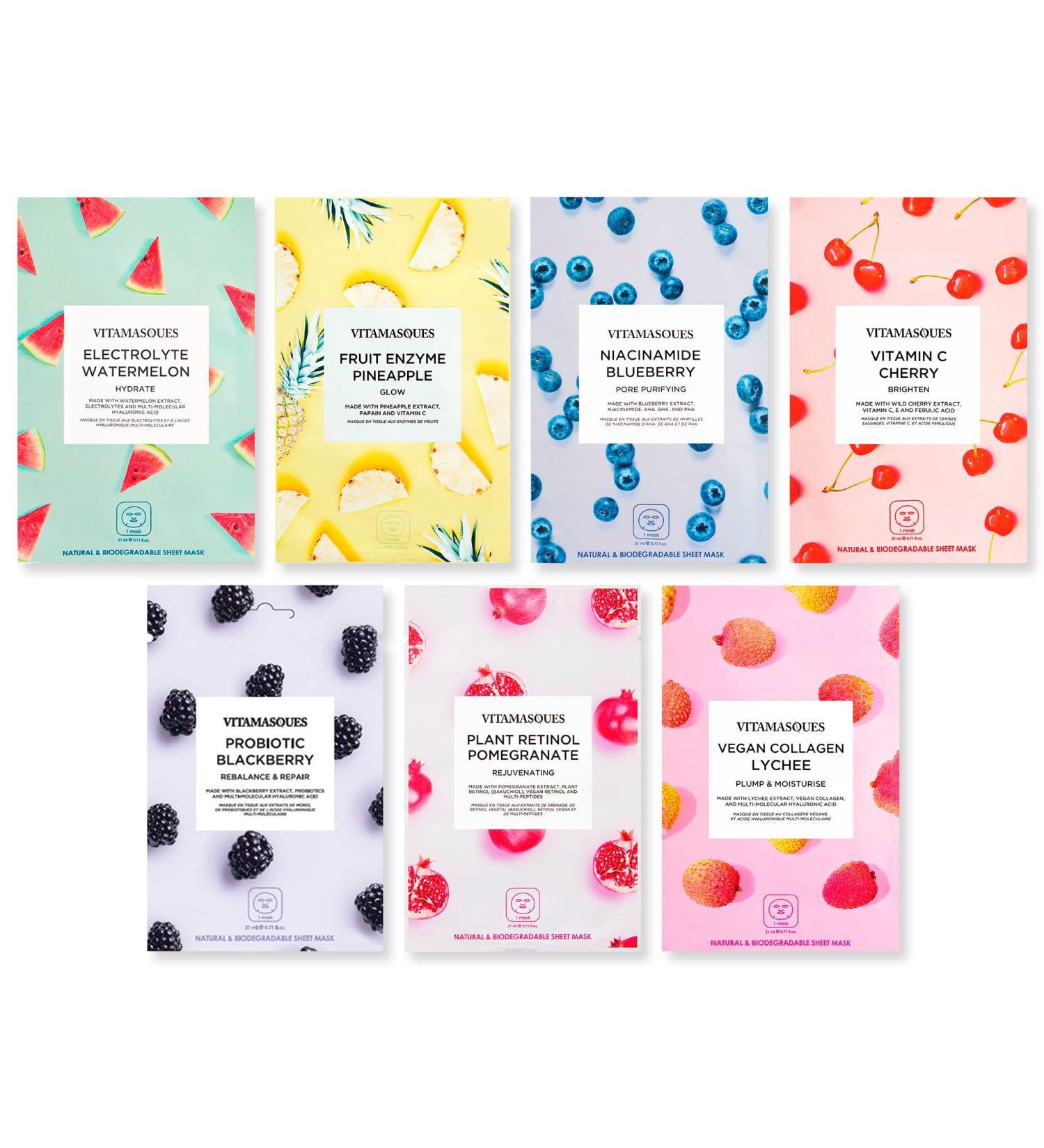 Vitamasques Juicy Collection 7-Pack Face Masks - Pore Purifying, Brightening, and Hydrating Sheet Masks - Fruit-infused Skincare Set - Buy Online on GoSupps.com
