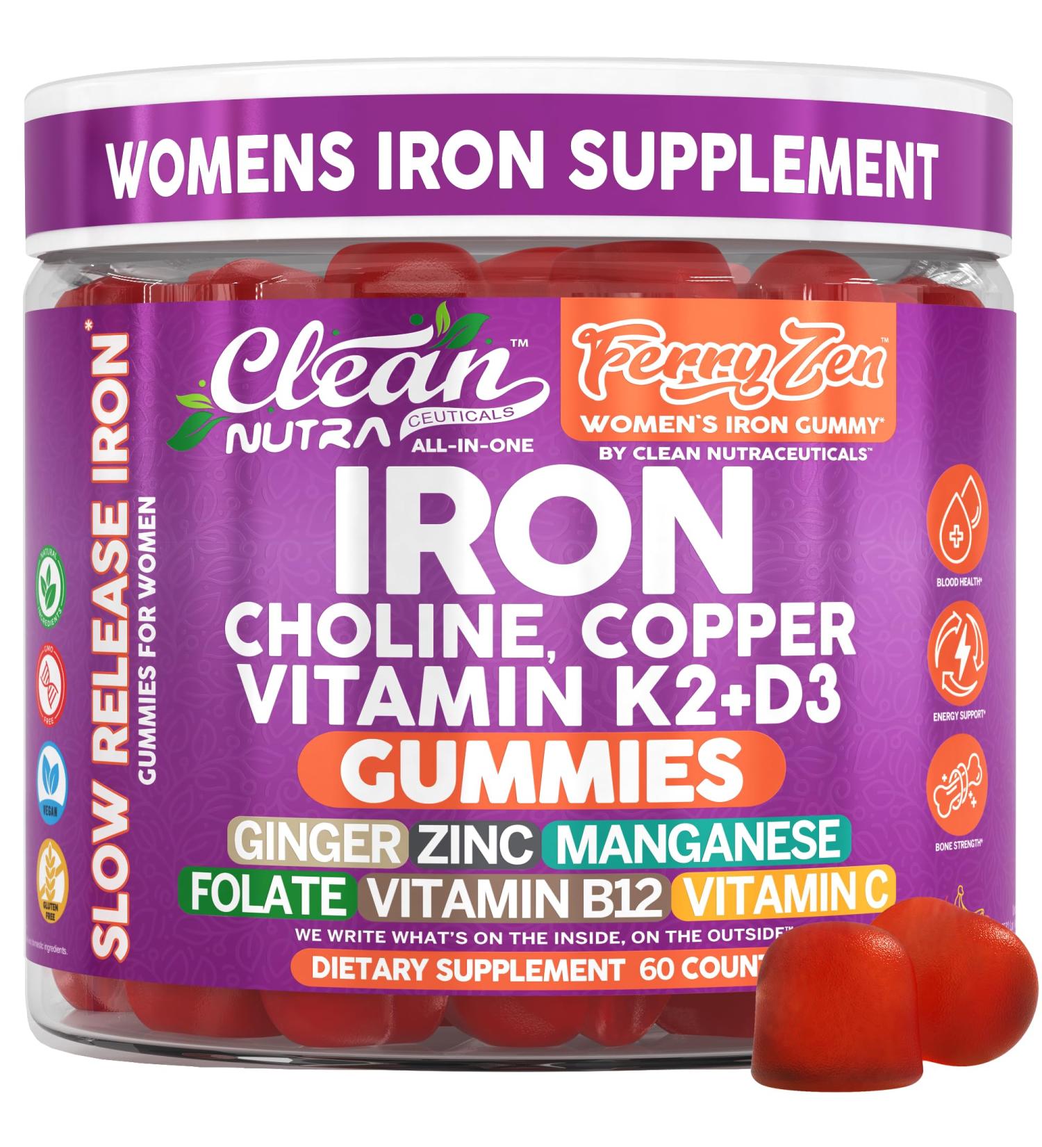FerryZen Iron Supplement Gummies Choline Supplements Vitamin D3 K2 Ginger Folate Vitamin B12 Zinc 60 Gummies Hemoglobin Support by Clean Nutra - Buy Online on GoSupps.com