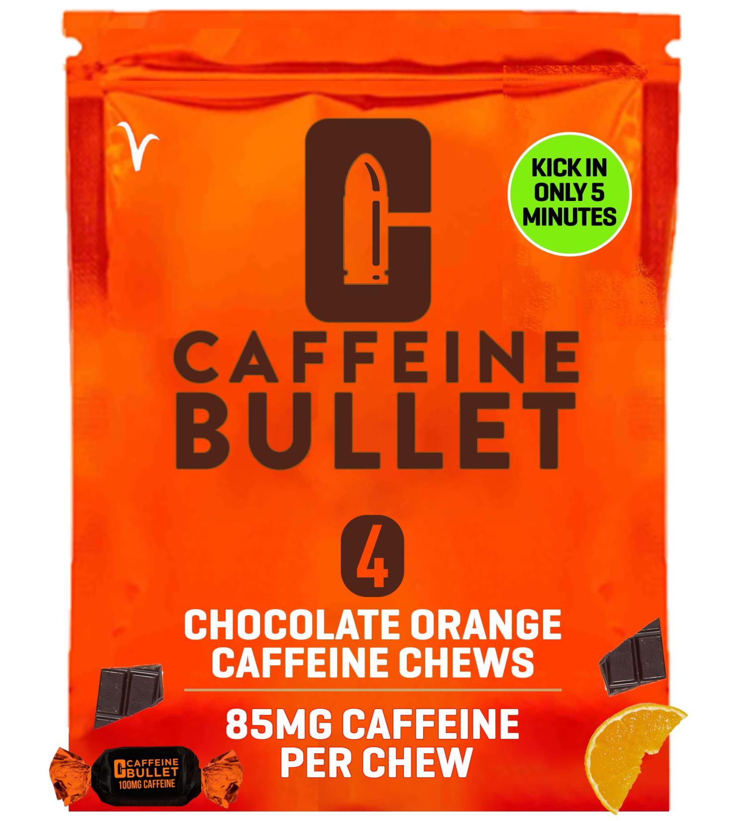 Caffeine Bullet Energy Chews - Chocolate Orange. 4 * 85mg Caffeine Sweets - Faster Kick Than Pills Gels and Gum. Sport Science for Running Cycling Gaming & A Pre Workout Endurance Boost. 1 Packet - 4 Energy Chews - Buy Online on GoSupps.com