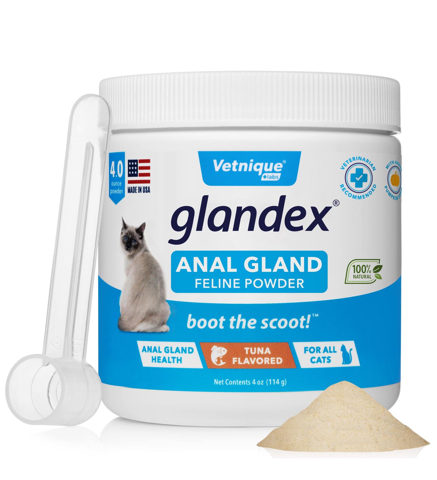 Glandex Feline Anal Gland Fiber Supplement Powder for Cats - Vet Recommended with Digestive Enzymes, Probiotics, and Pumpkin - Tuna Flavored 4.0 oz - Buy Online on GoSupps.com