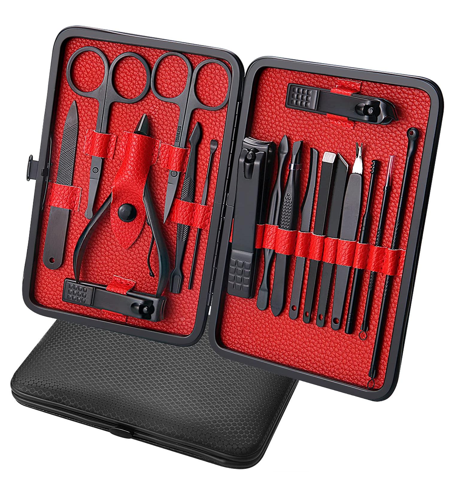 Professional Stainless Steel Manicure Set for Ingrown Toenail Clipper Grooming - Pedicure Kit with Toe Nail Cutter and Cuticle Trimmer (Black&Red 18 In 1) - Buy Online on GoSupps.com