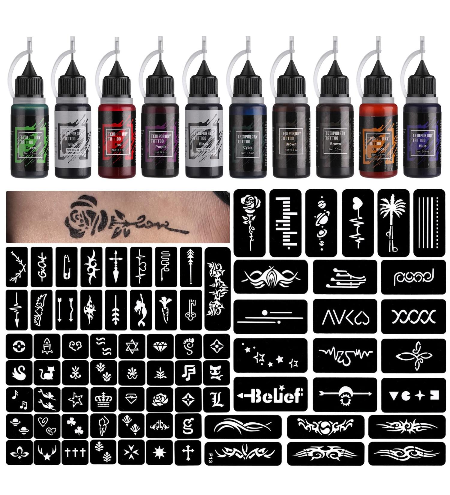 STIGMA Temporary Tattoo Kit - 10 Color Inks, 84 Stencils, DIY Body Paint and Fake Tattoos for Women and Kids - Buy Online on GoSupps.com