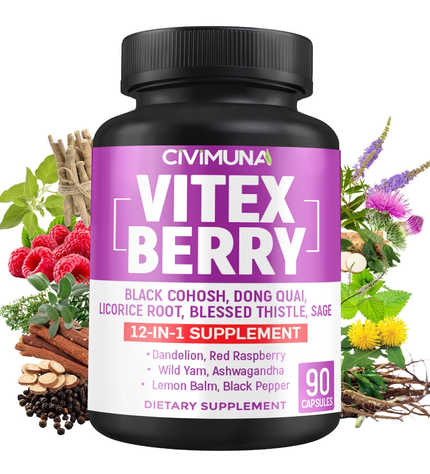 CIVIMUNA Vitex Berry Extract Capsules with Vitex Berry Black Cohosh Root Dong Quai Root and More - 90 Capsules for 3 Months Supply - Buy Online on GoSupps.com