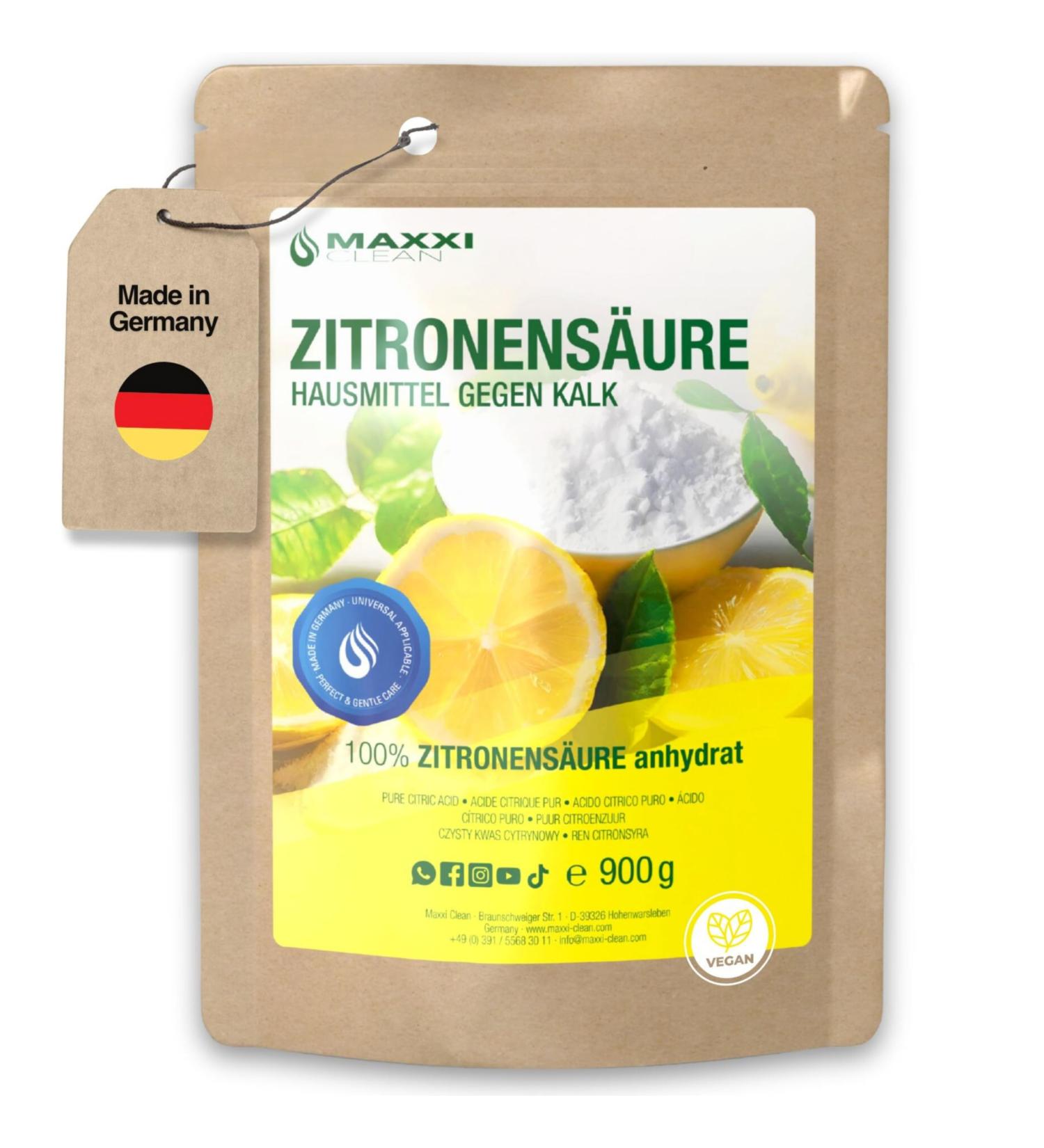 Maxxi Clean 900g Citric Acid Powder - Food Quality | Made in Germany | Home Remedies for Kitchen Household & Cosmetics | 100% Pure Citric Acid - Buy Online on GoSupps.com