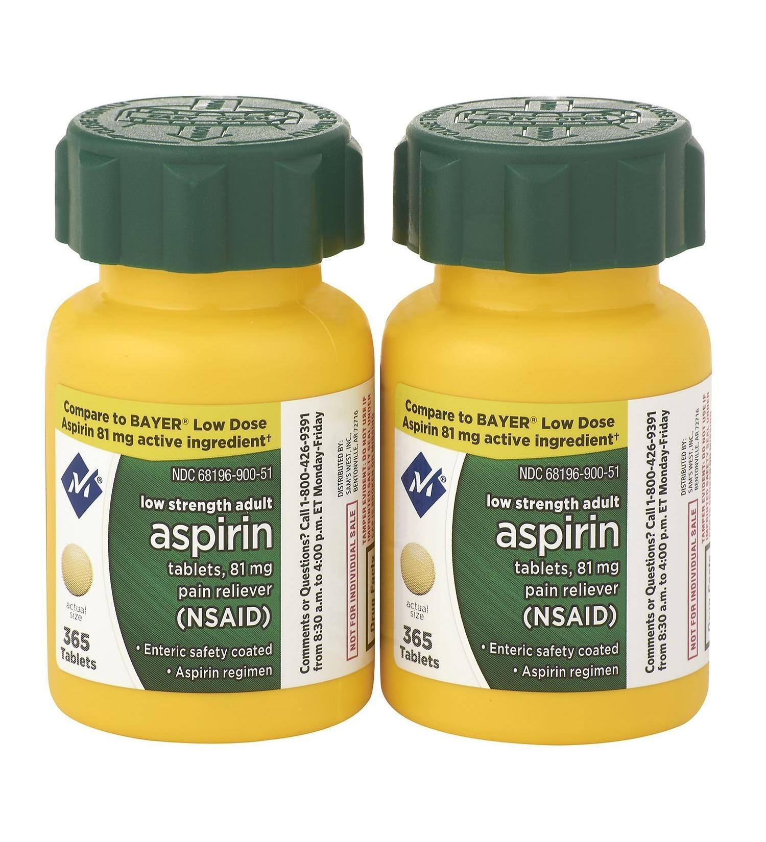 Sam's West Member's Mark Low Strength Adults Enteric Safety Coated Aspirin Regimen Tablets Pain Reliever NSAID, 81 mg, 2 Bottles, 730 Tablets