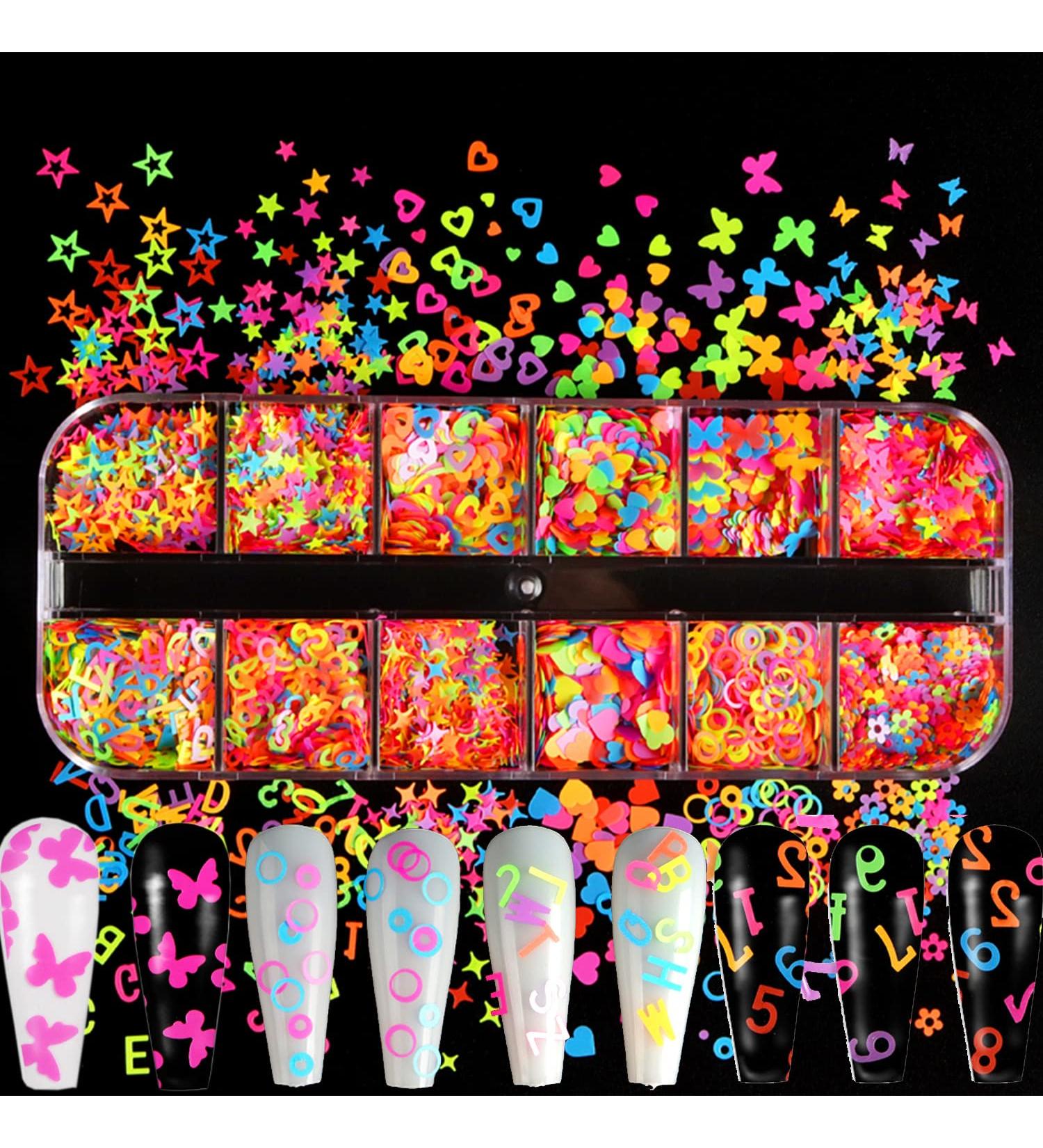 Luminous 3D Nail Art Sequins - Butterfly Flowers Stars Heart Letters Design | Holographic Acrylic Glitter for False Nails & Manicure Confetti Kit - Buy Online on GoSupps.com