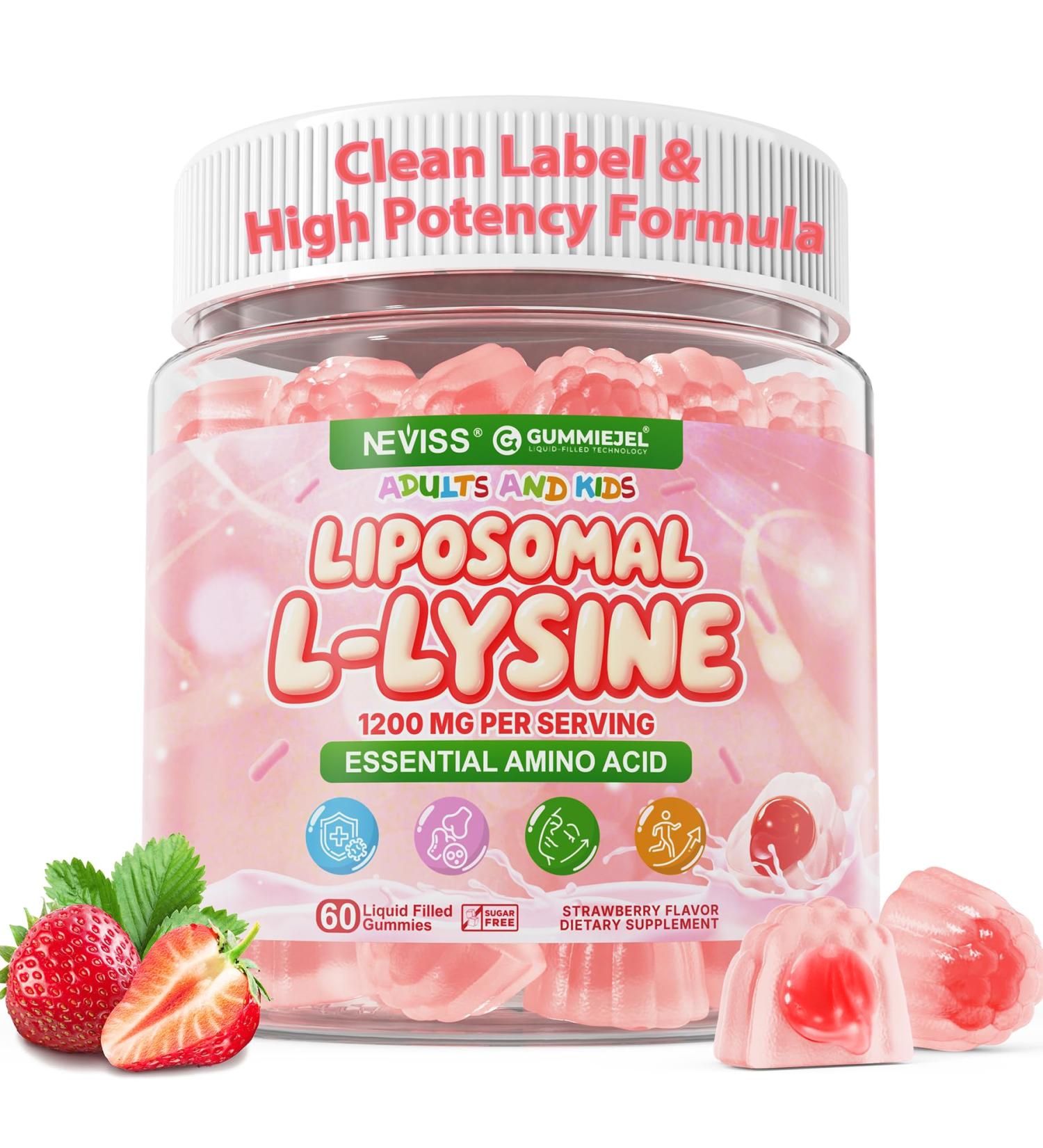 Liposomal L-Lysine Gummies 1200mg | High Absorption Immune & Skin Support | Vegan Amino Acid Supplement for Adults & Kids | Lips & Oral, Bone & Collagen Health | Non-GMO, Sugar-Free, 60 Gummies - Buy Online on GoSupps.com