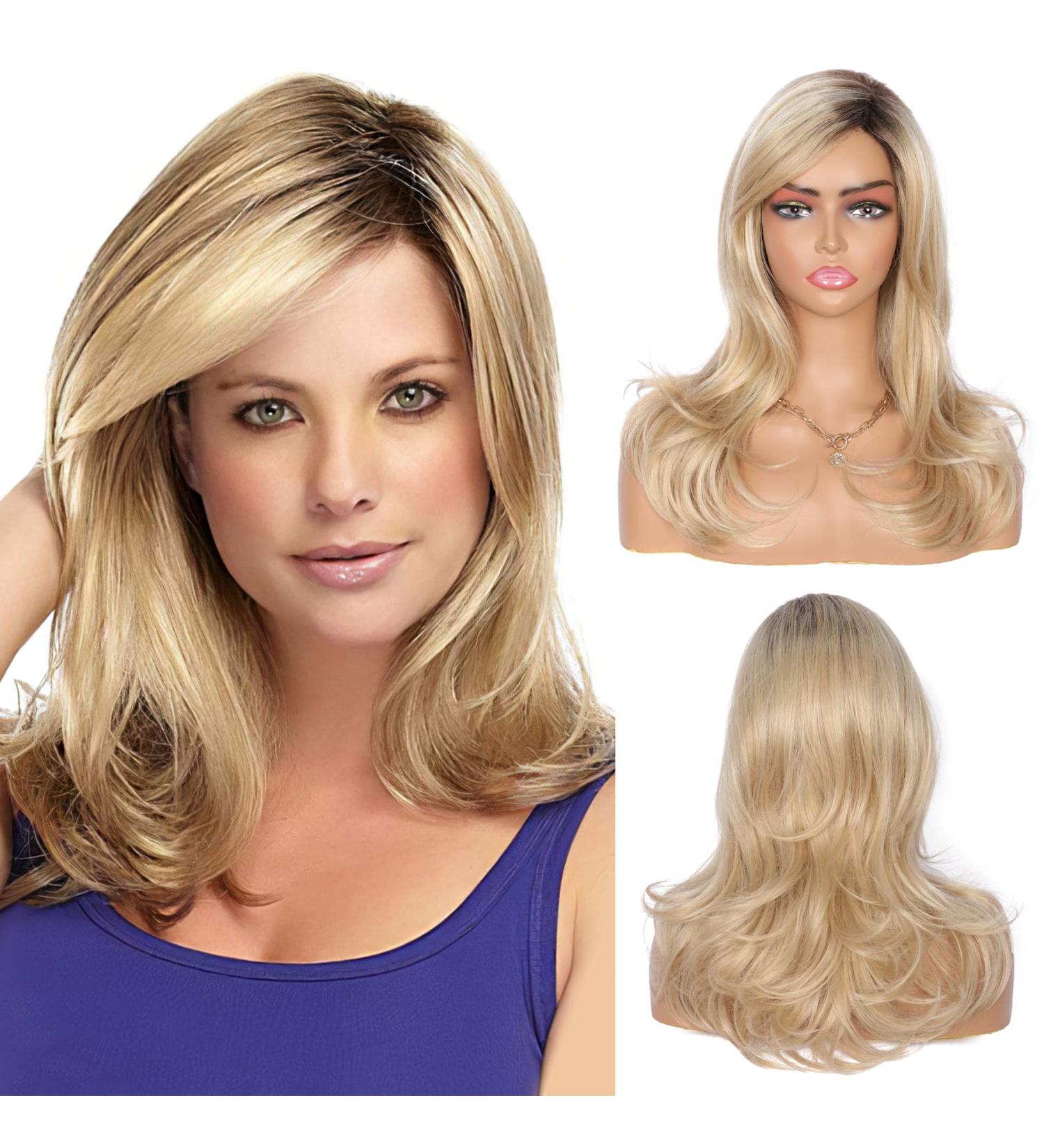 Kalyss Ombre Blonde Dark Brown Roots Long Curly Wavy Synthetic Wig for Women with Bangs - Buy Online on GoSupps.com