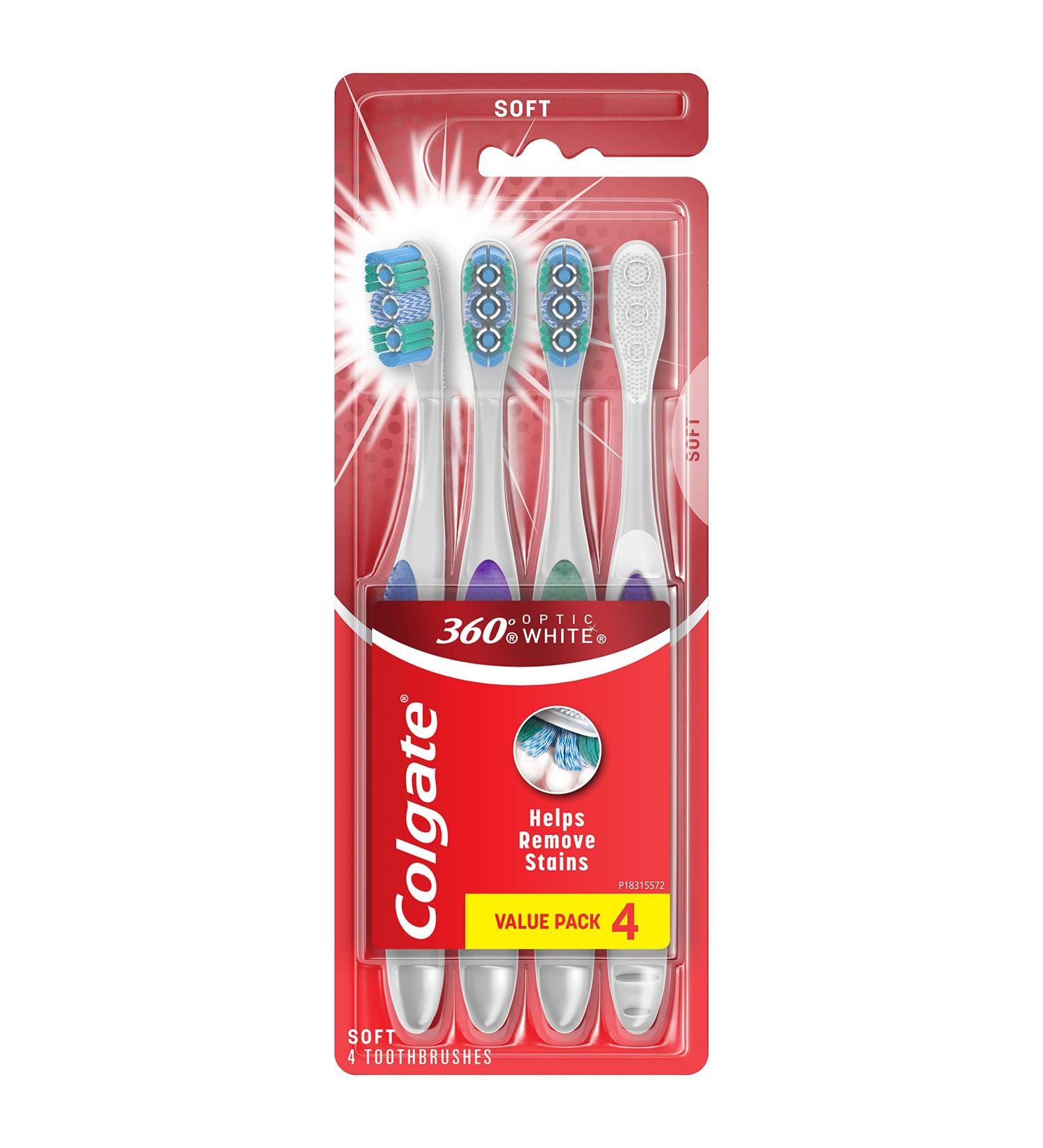 Colgate 360 Optic White Whitening Toothbrush 4 Pack - Adult Soft Toothbrush with Whitening Cups for Whiter Teeth & Fresh Breath - Buy Online on GoSupps.com