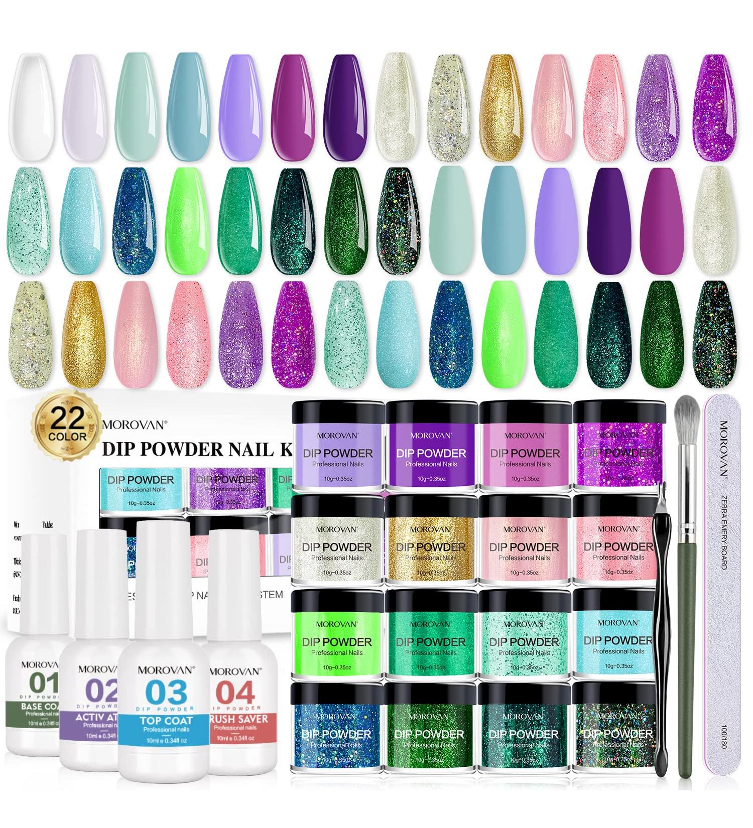 MOROVAN Dip Powder Nail Kit - 22 Colorful Dipping Powders - Starter Set with Base, Top Coat, Activator - Glitter Yellow Purple French Nails - 30Pcs Green Dipping Powder - Buy Online on GoSupps.com